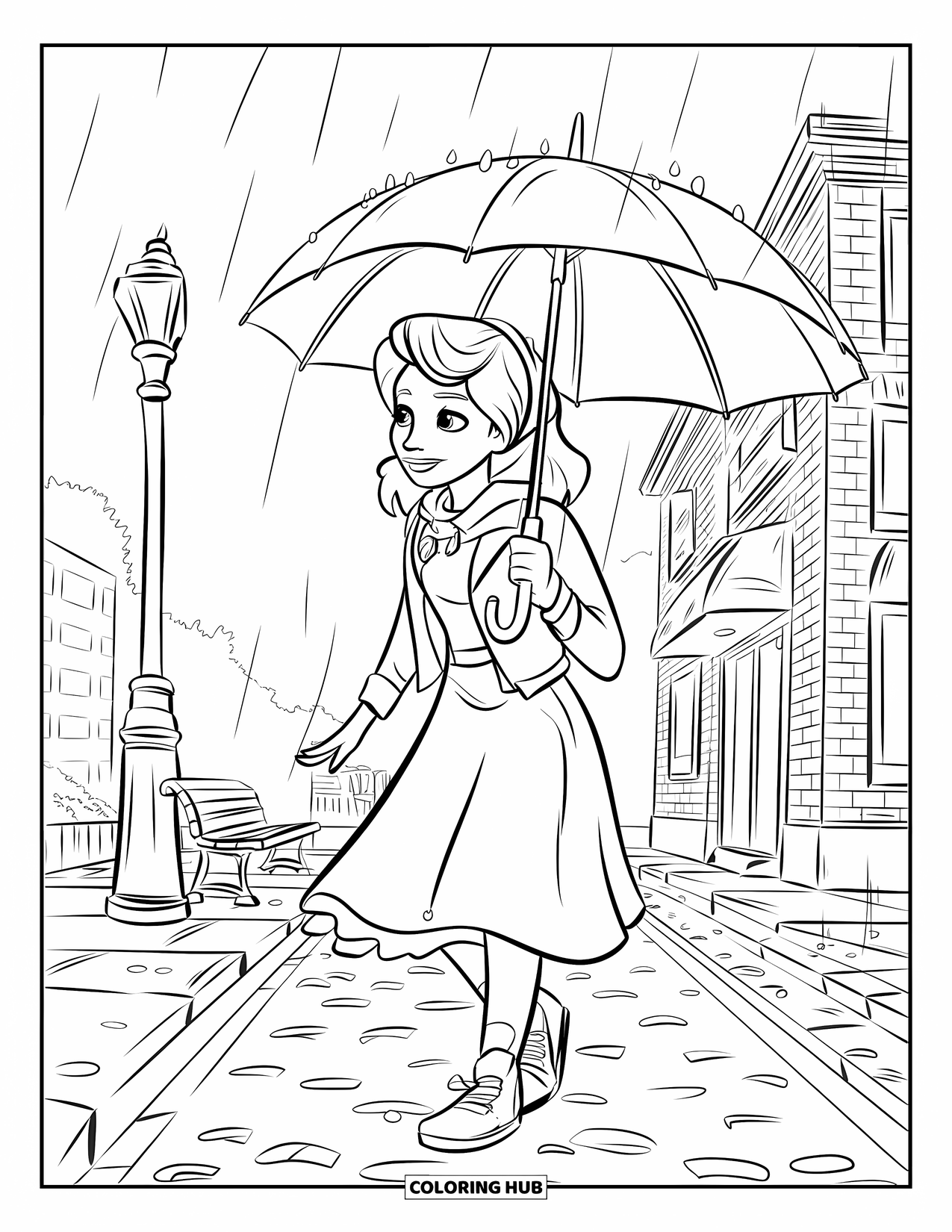 Rainy Day Coloring Page for Kids: A girl in a green dress walks through rain beside a yellow brick wall