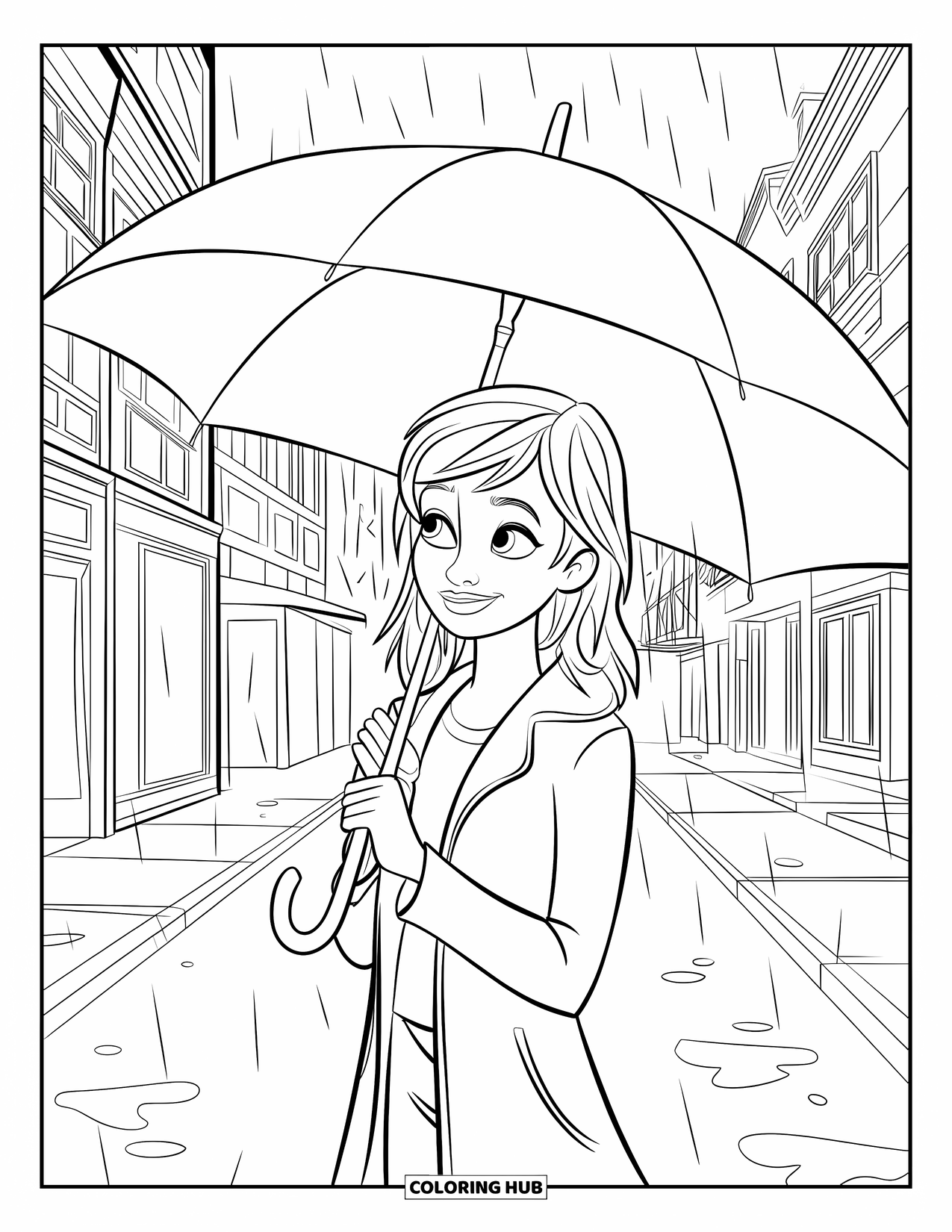 Rainy Day Coloring Page for Kids: A girl in a red coat walks with an umbrella through city puddles