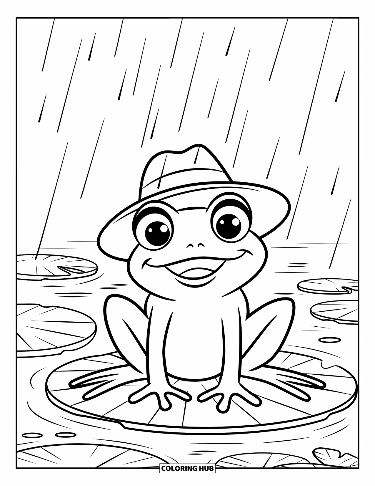 Rainy Day Coloring Page for Kids: A happy frog on a lilypad enjoys the gentle rain