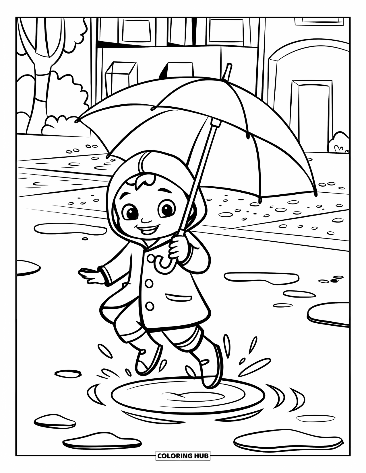 Rainy Day Coloring Page for Kids: A joyful kid in a raincoat leaps into a splashy puddle