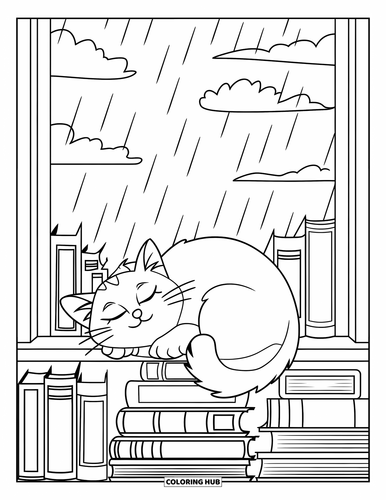 Rainy Day Coloring Page for Kids: A peaceful cat rests among books with raindrops on the window