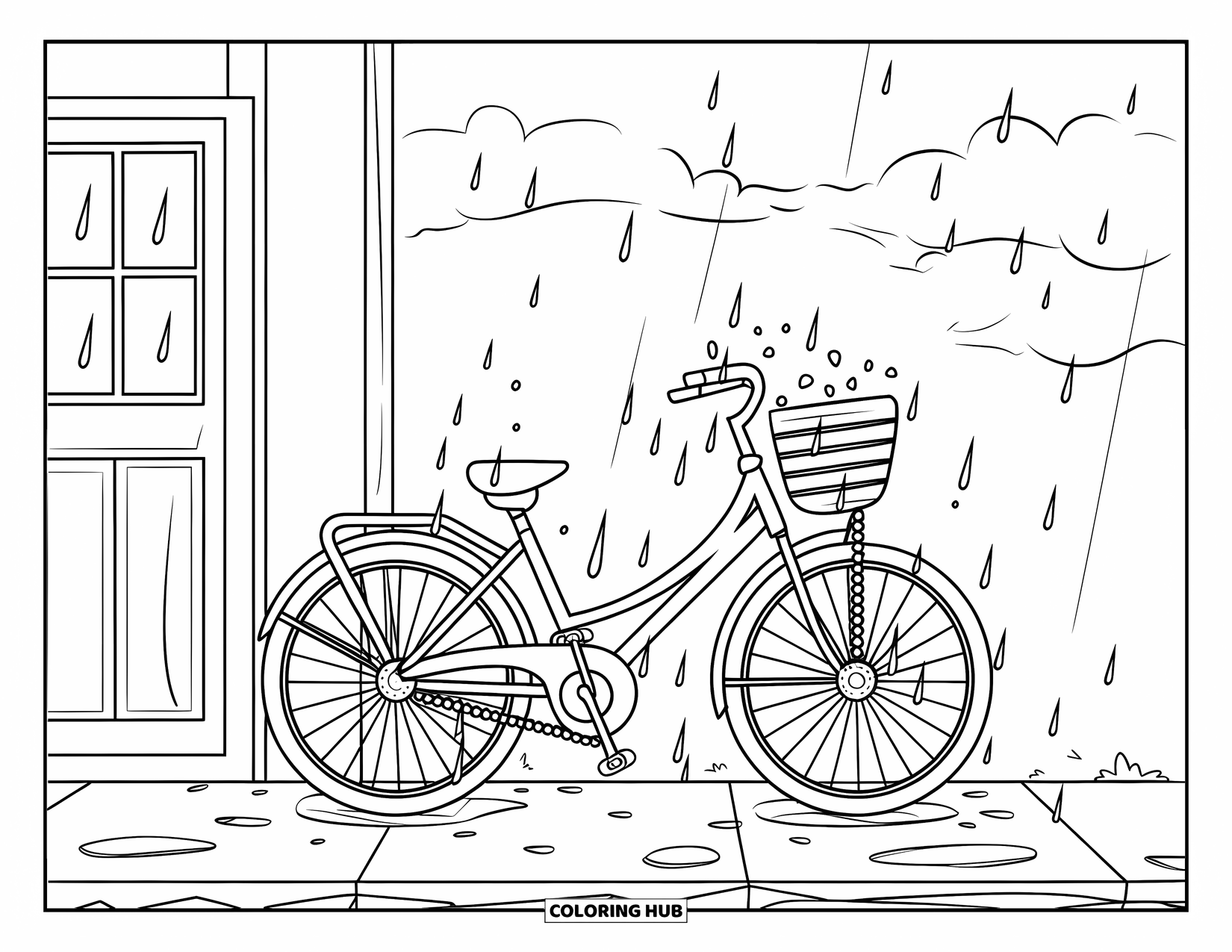 Rainy Day Coloring Page for Kids: A quiet bike leans against a wall, soaking gently in the rain