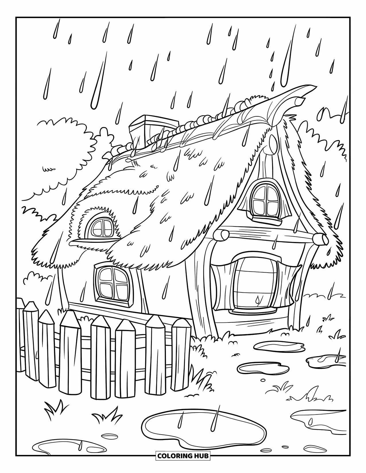 Rainy Day Coloring Page for Kids: A rainy day surrounds a warm wooden house with a fence