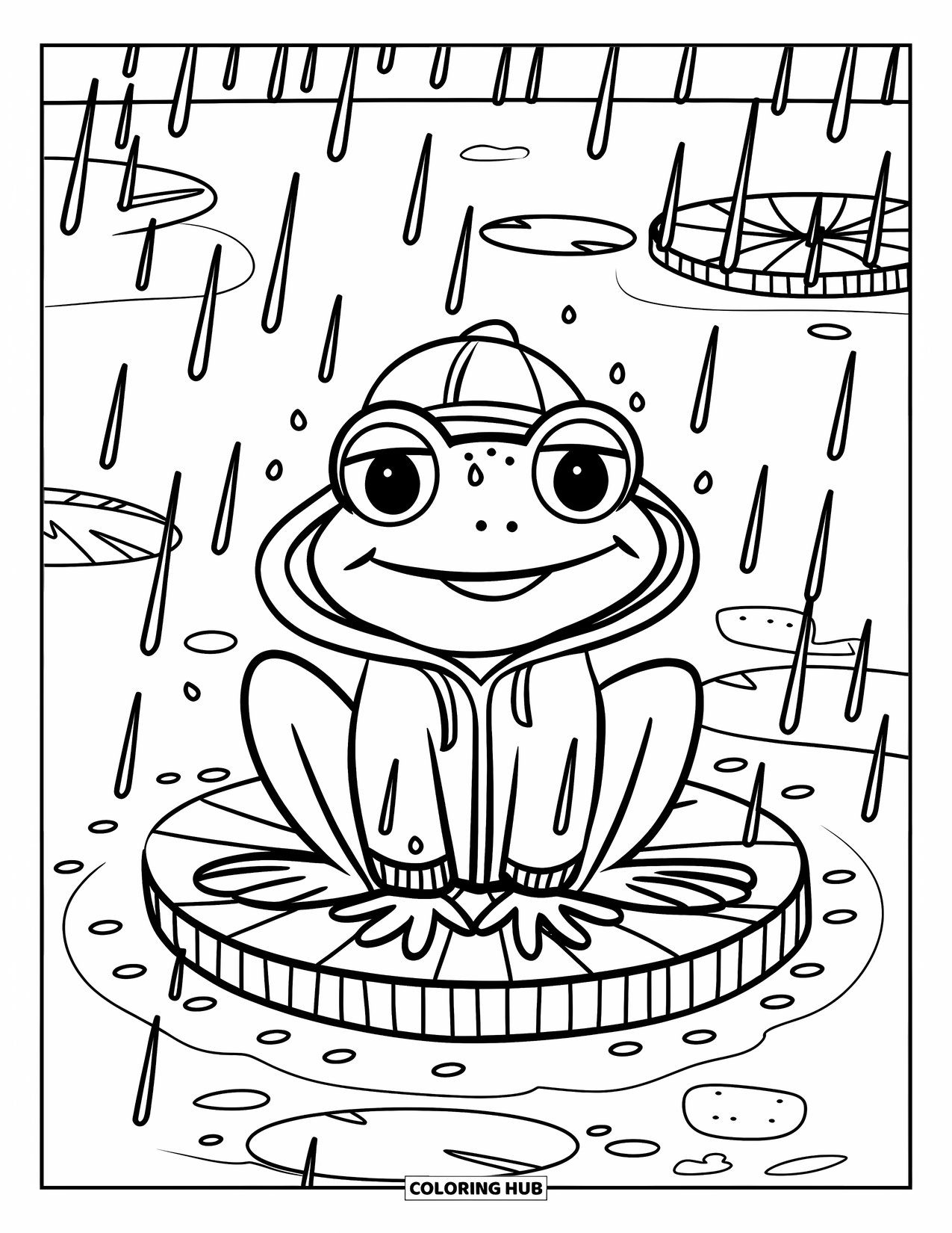 Rainy Day Coloring Page for Kids: A smiling frog in a raincoat sits on a lily pad in the rain