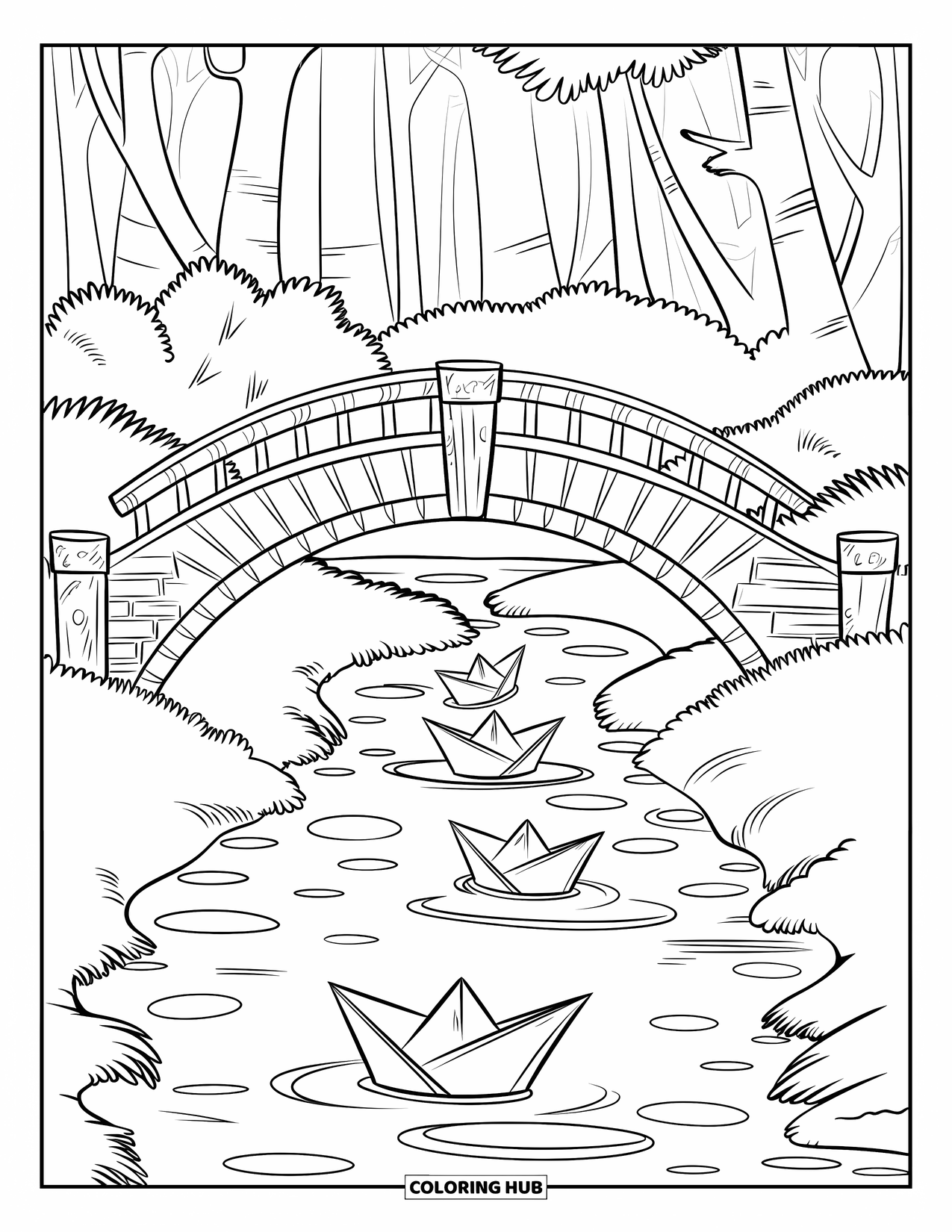 Rainy Day Coloring Page for Kids: A wooden bridge arches over a rainy stream filled with paper boats