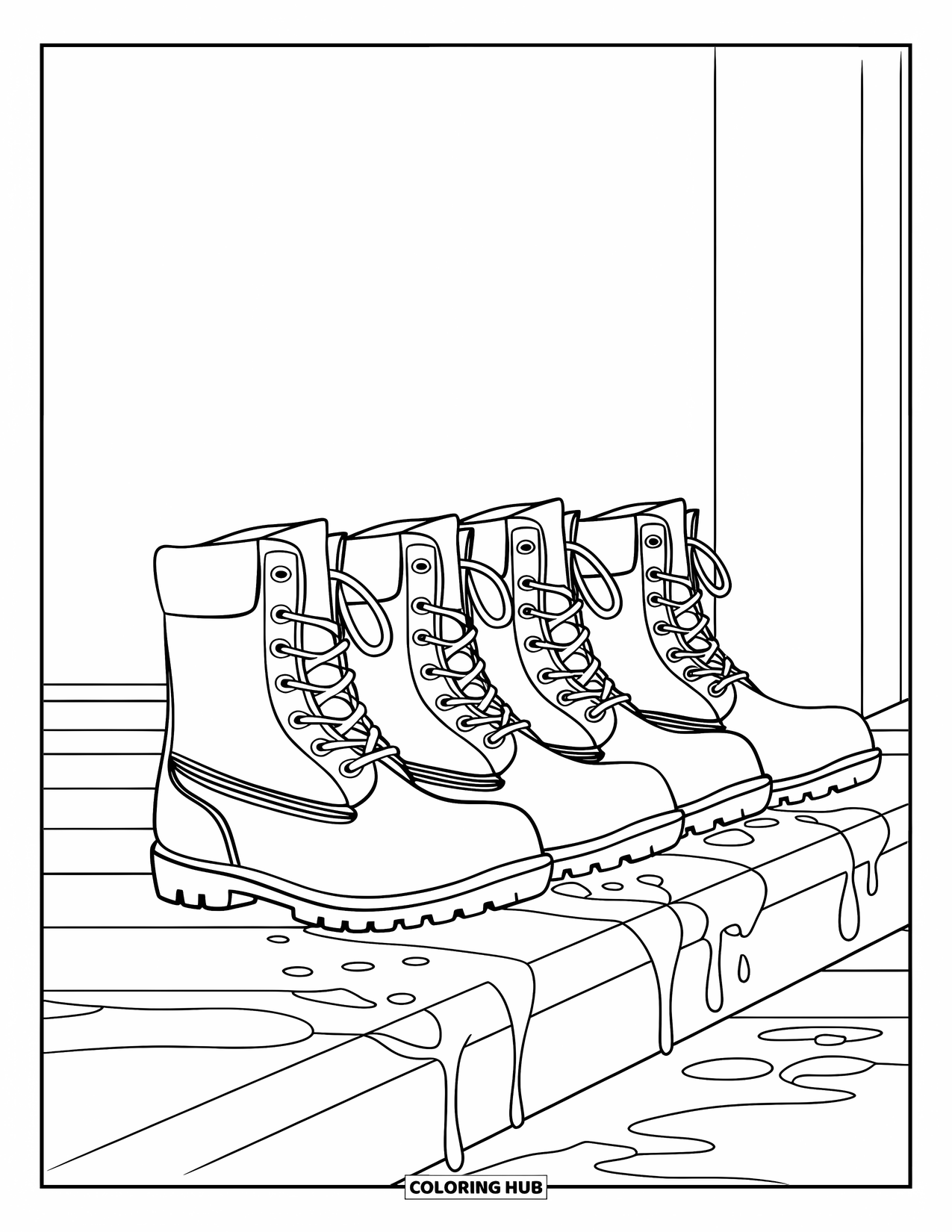 Rainy Day Coloring Page for Kids: Boots of all sizes sit in a row as raindrops fall gently
