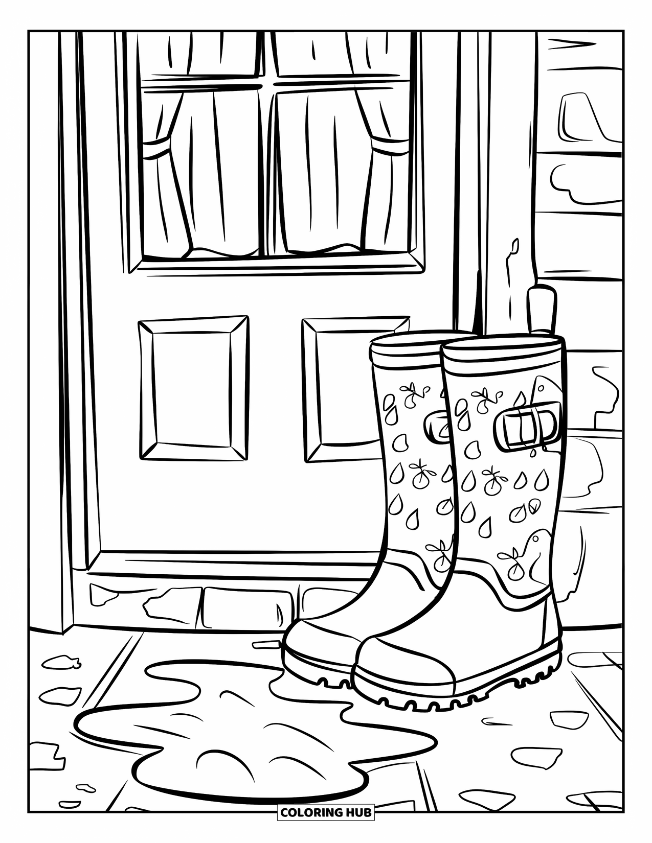 Rainy Day Coloring Page for Kids: Bright rain boots rest by the door as water pools outside