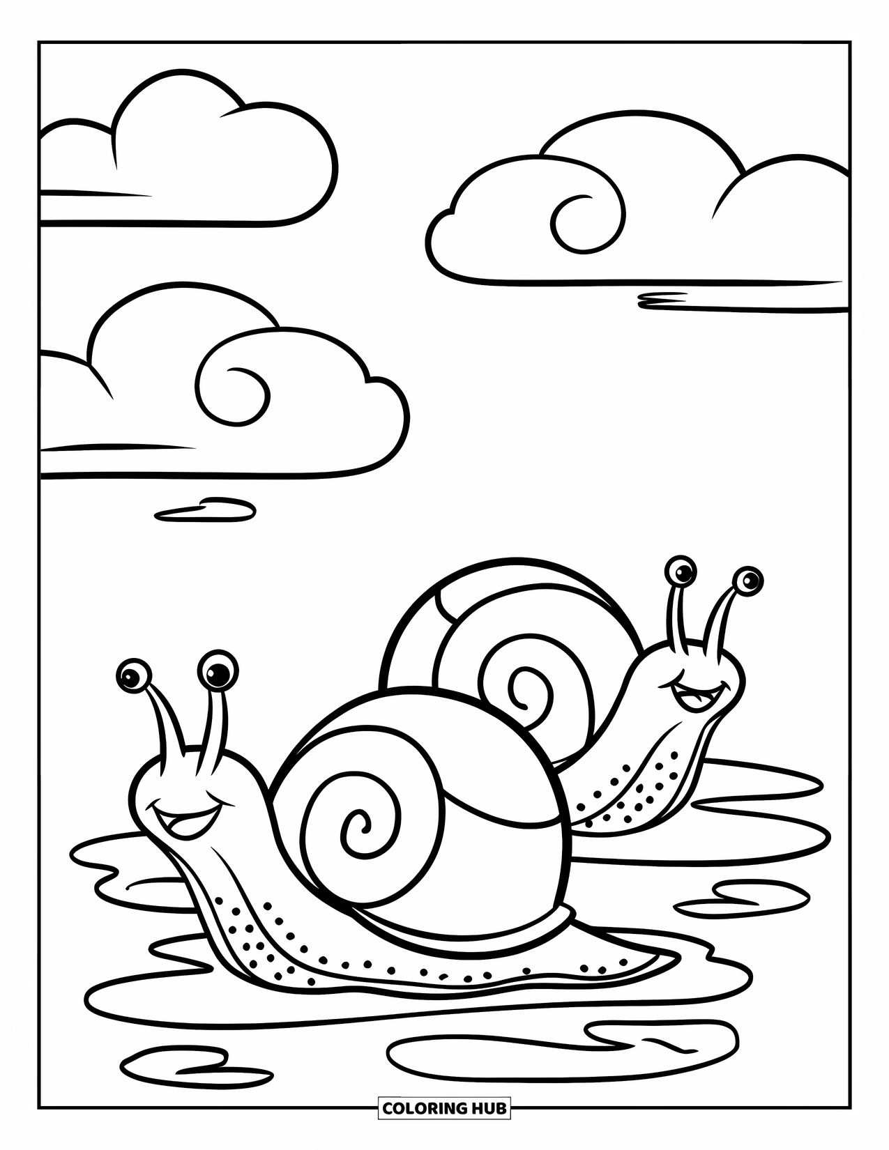 Rainy Day Coloring Page for Kids: Cheerful snails slide through puddles while clouds float above