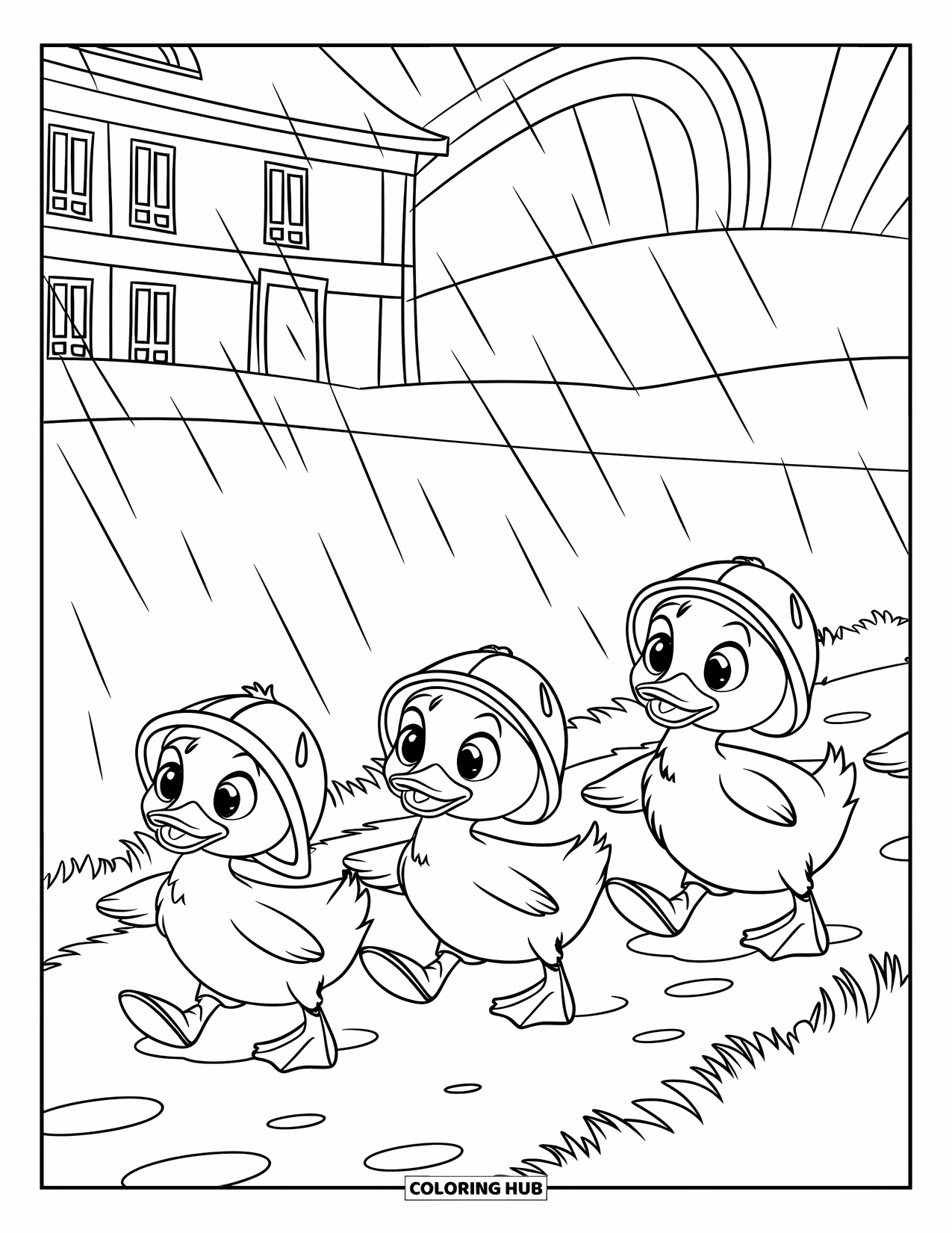 Rainy Day Coloring Page for Kids: Ducklings in rain hats waddle happily down a rainy path