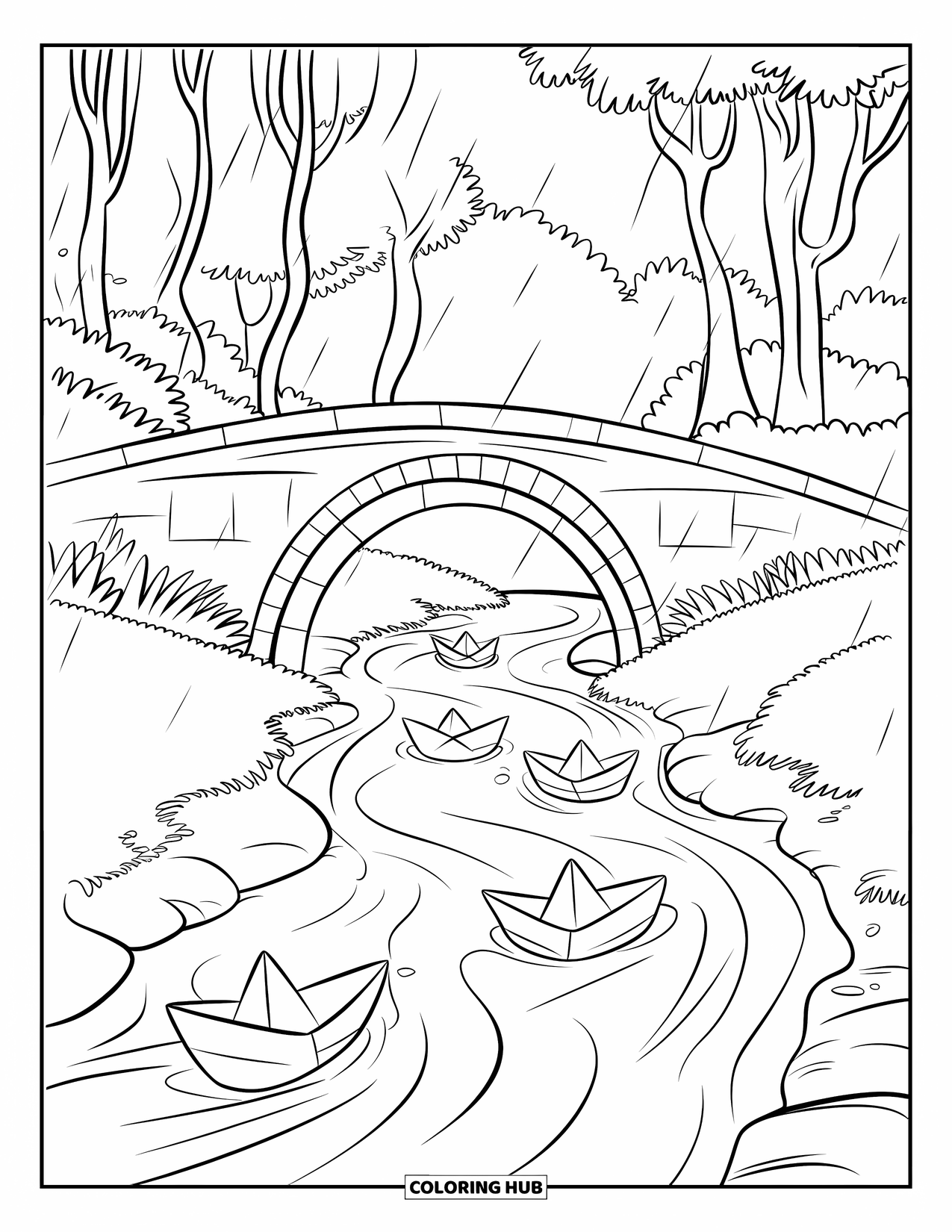 Rainy Day Coloring Page for Kids: Paper boats float under a rainy stone bridge in a forest