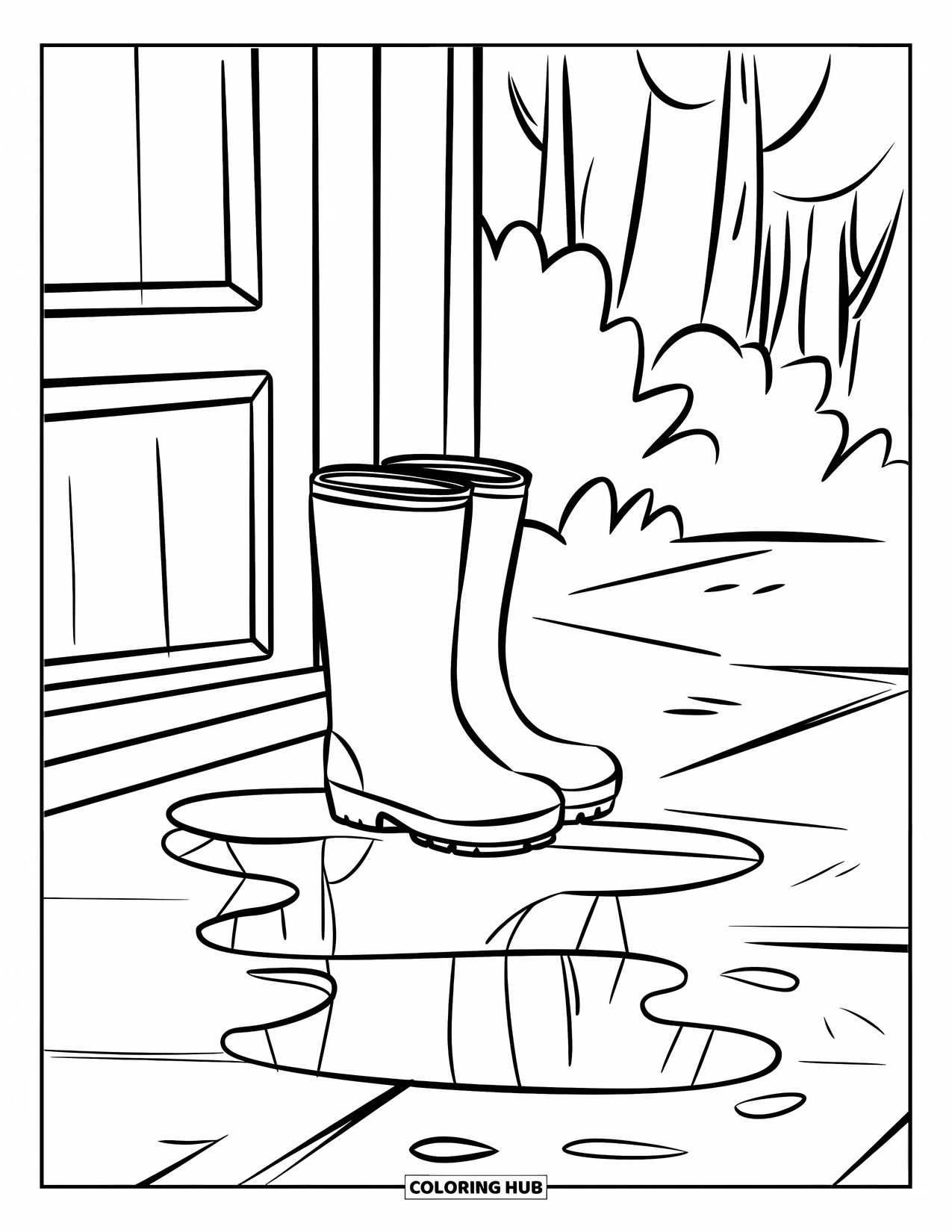 Rainy Day Coloring Page for Kids: Rain boots sit near a door while a puddle forms on the ground