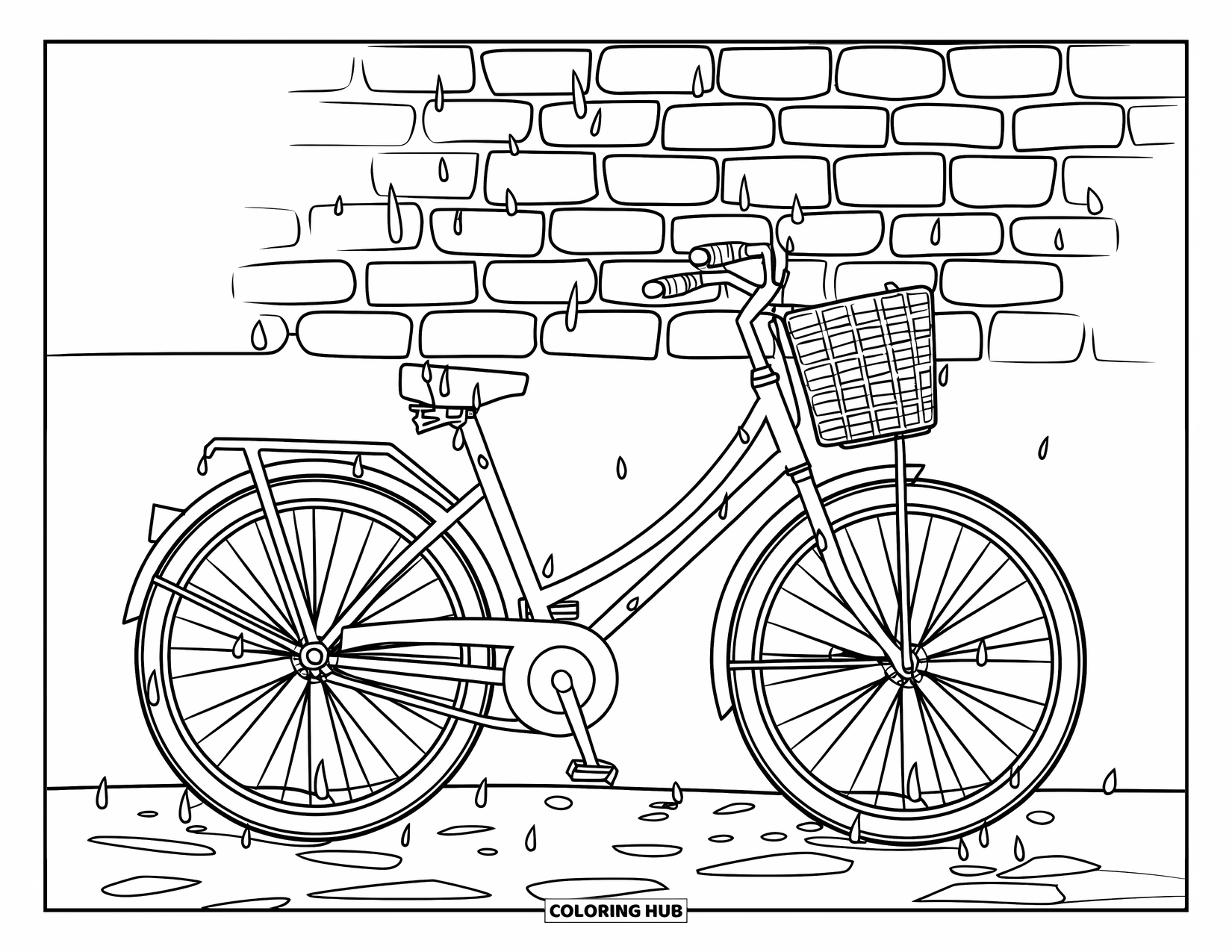 Rainy Day Coloring Page for Kids: Rain falls softly on a bike resting near a worn brick wall