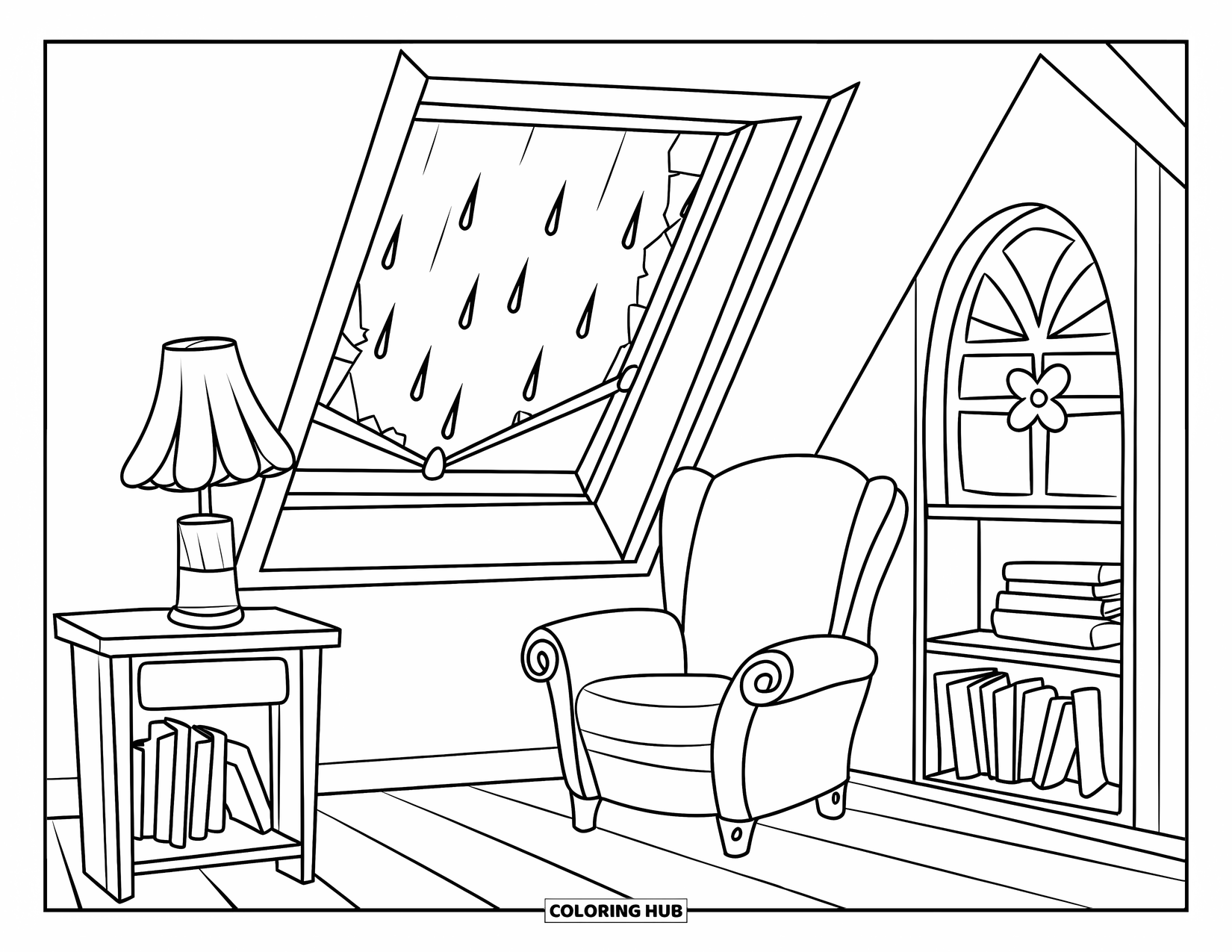 Rainy Day Coloring Page for Kids: Rain falls through a cracked skylight in a warm attic with books and a lamp
