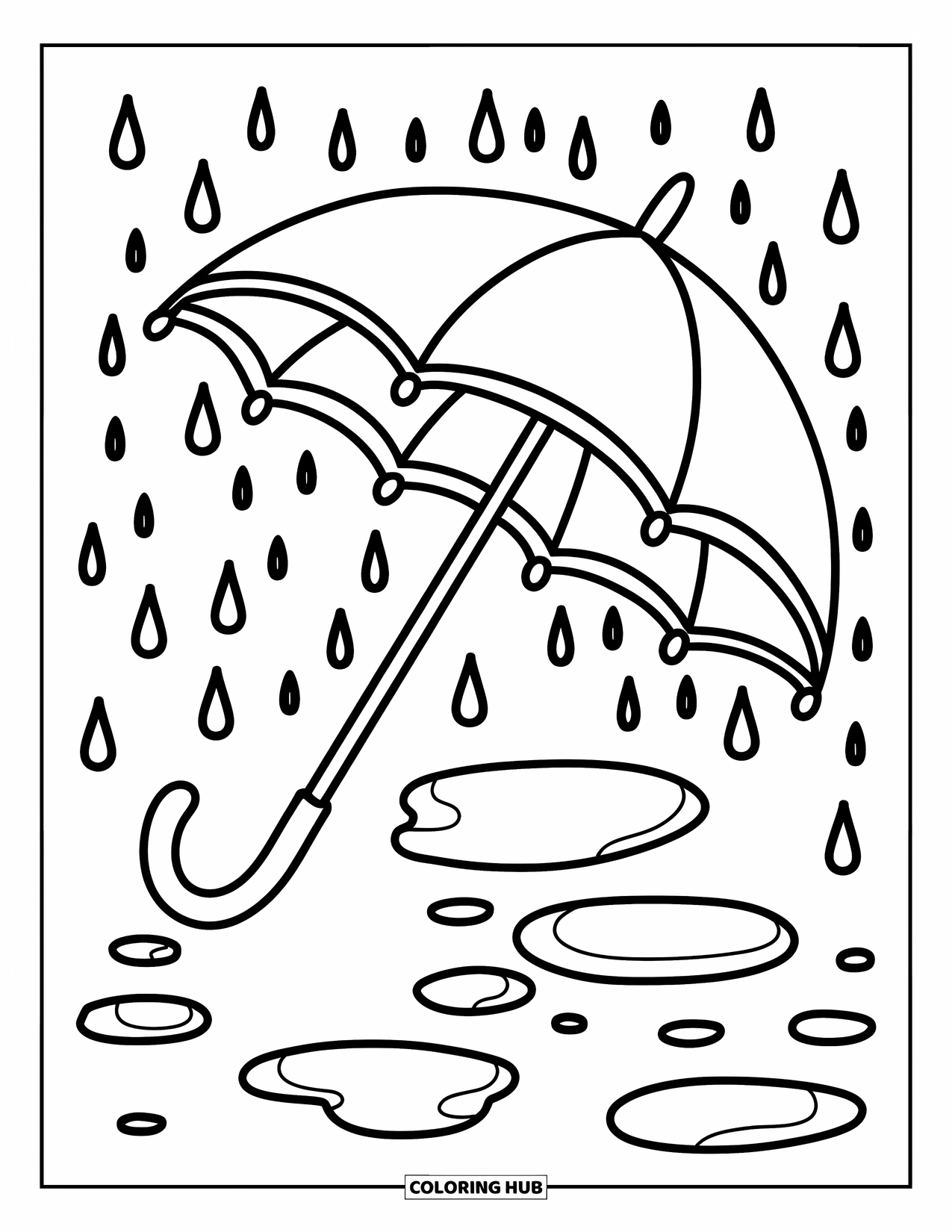 Rainy Day Coloring Page for Kids: Raindrops fall gently over a large umbrella with tiny puddles underneath