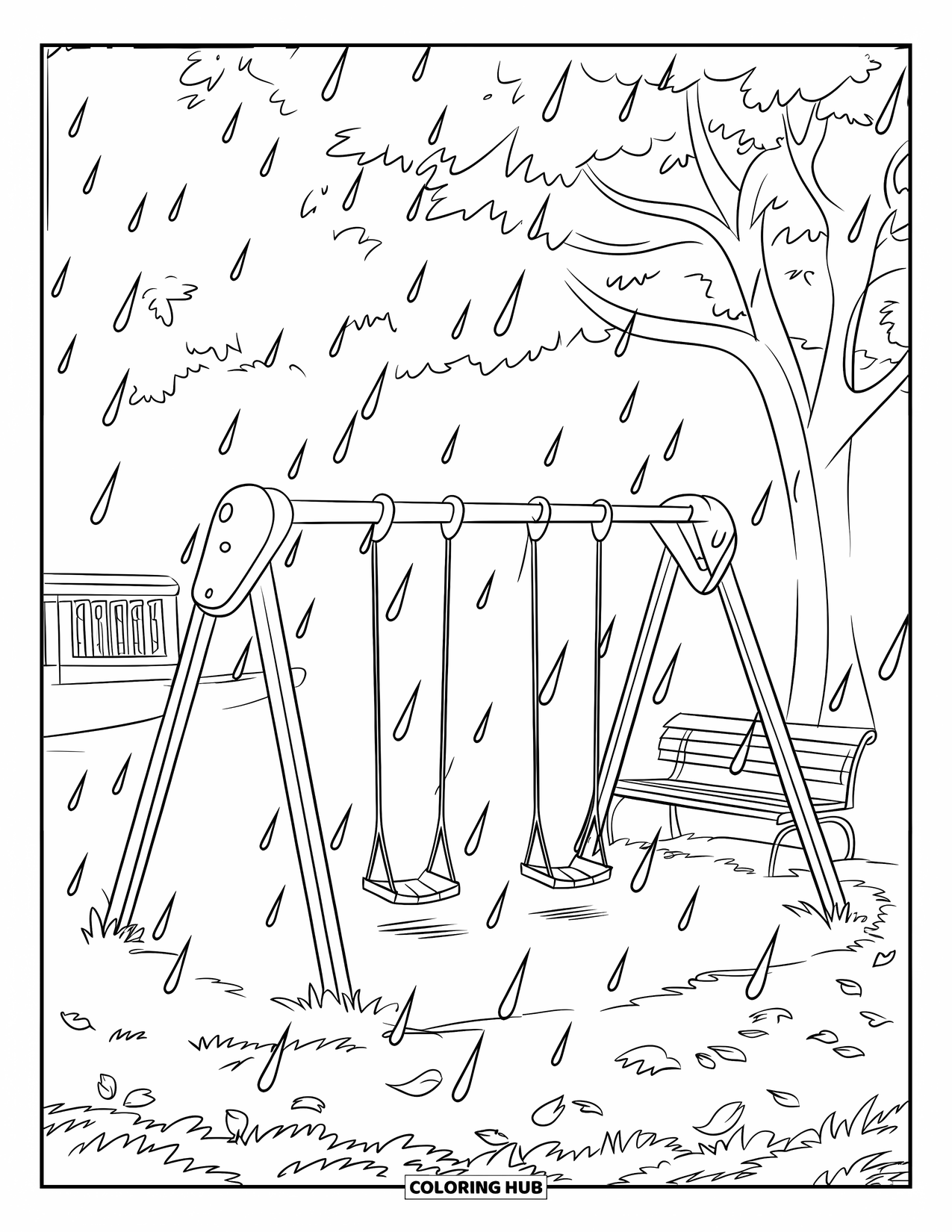 Rainy Day Coloring Page for Kids: Raindrops fall on a quiet park swing set near a tree
