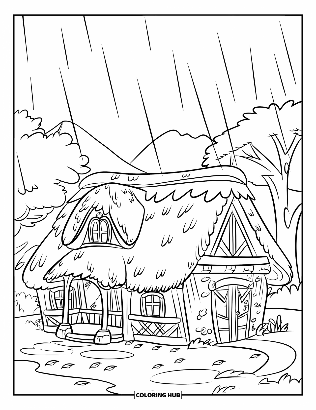 Rainy Day Coloring Page for Kids: Raindrops patter on a cozy house roof with puddles forming below