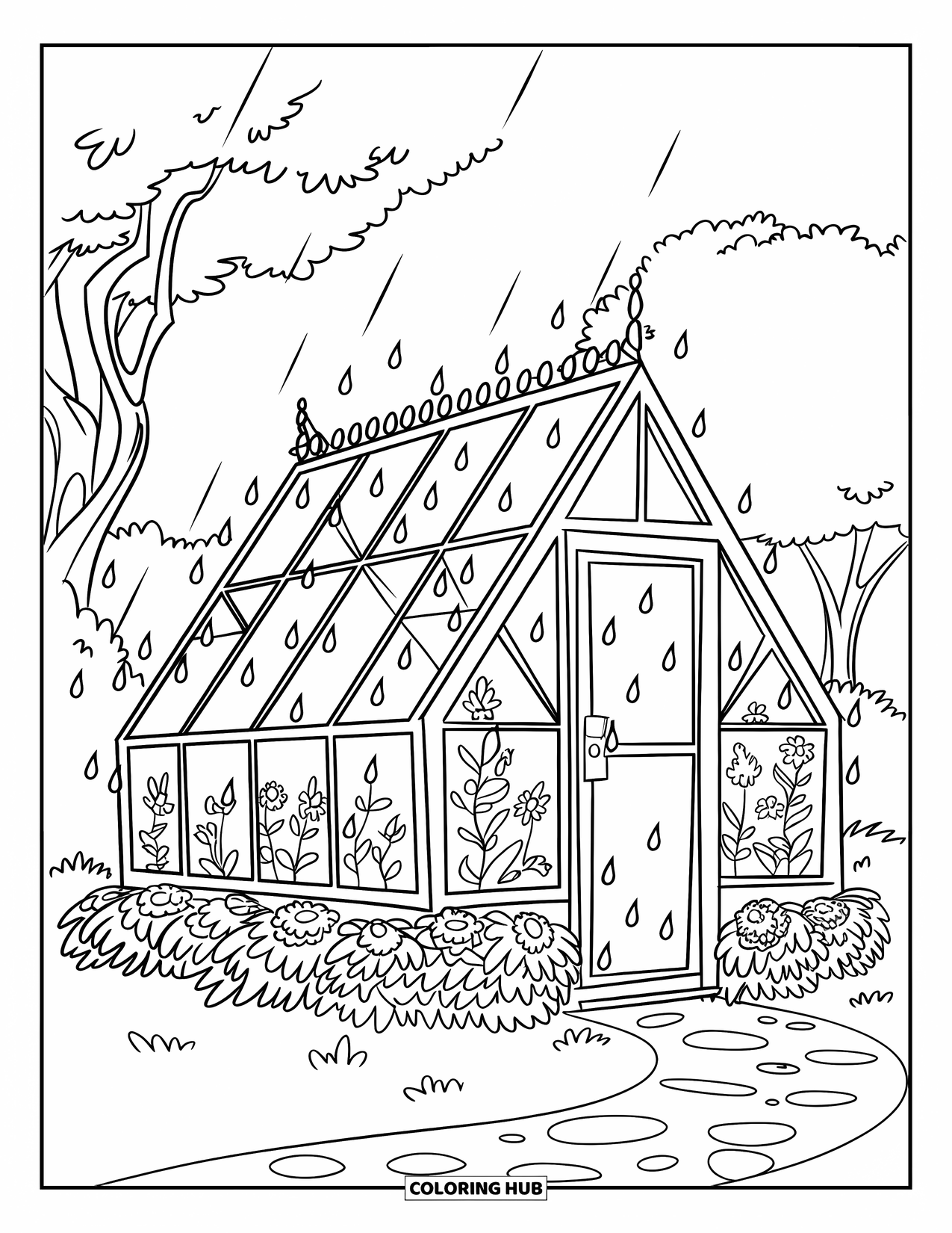 Rainy Day Coloring Page for Kids: Raindrops patter on a little greenhouse nestled in a flower-filled yard