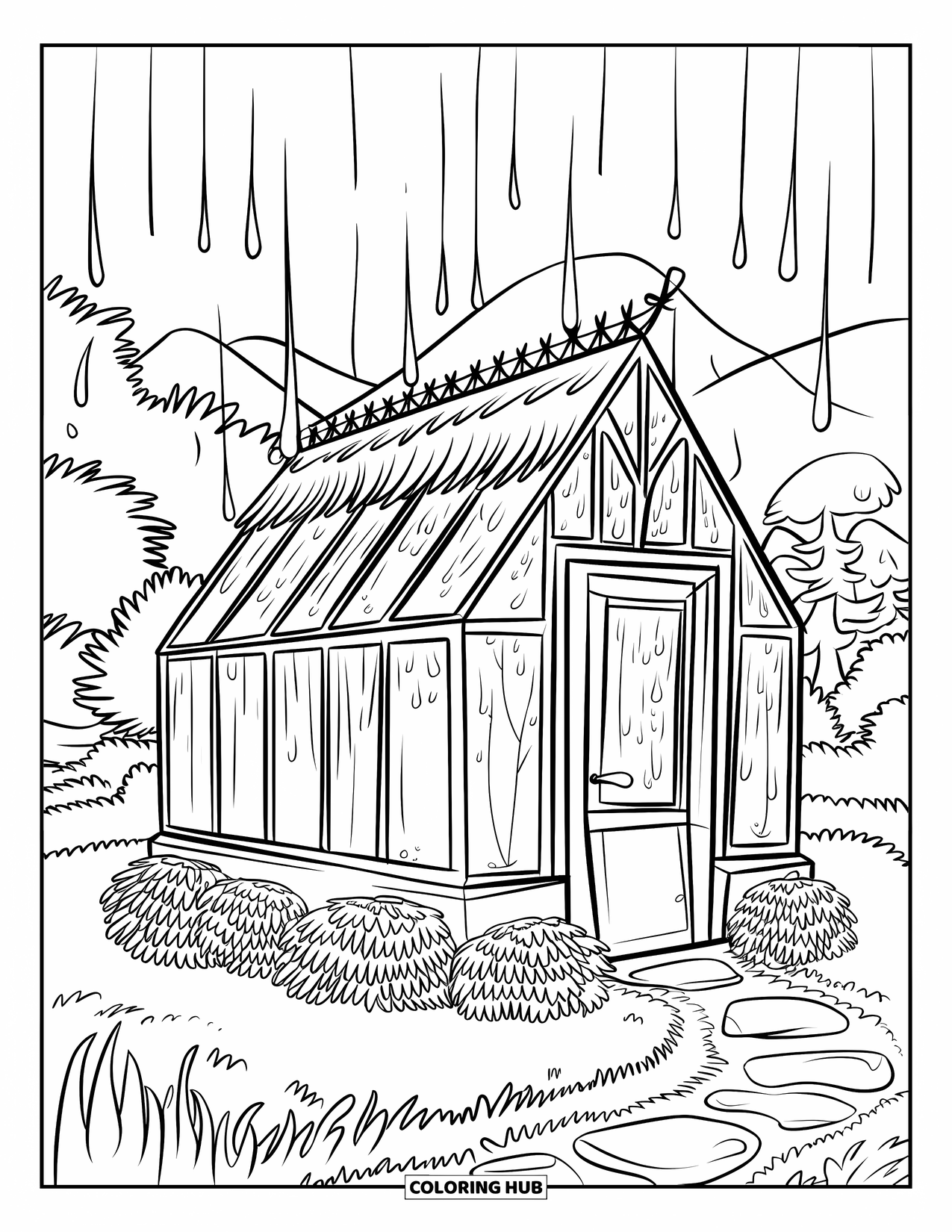 Rainy Day Coloring Page for Kids: Raindrops slide down a tiny greenhouse surrounded by lush garden paths