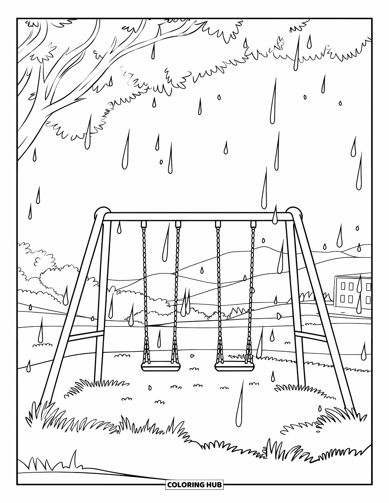 Rainy Day Coloring Page for Kids: Swings sway in the park as soft rain falls from a grey sky