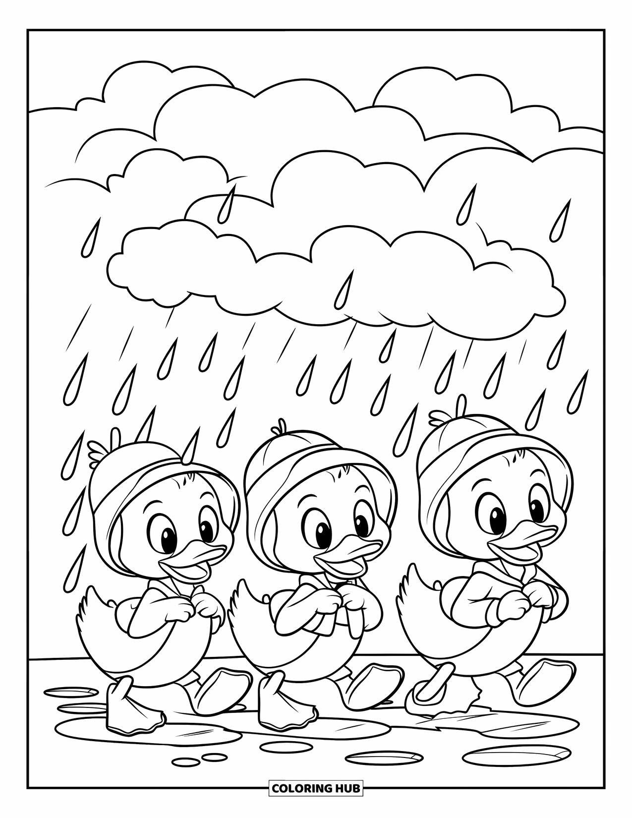 Rainy Day Coloring Page for Kids: Three cheerful ducklings stroll through raindrops with tiny hats