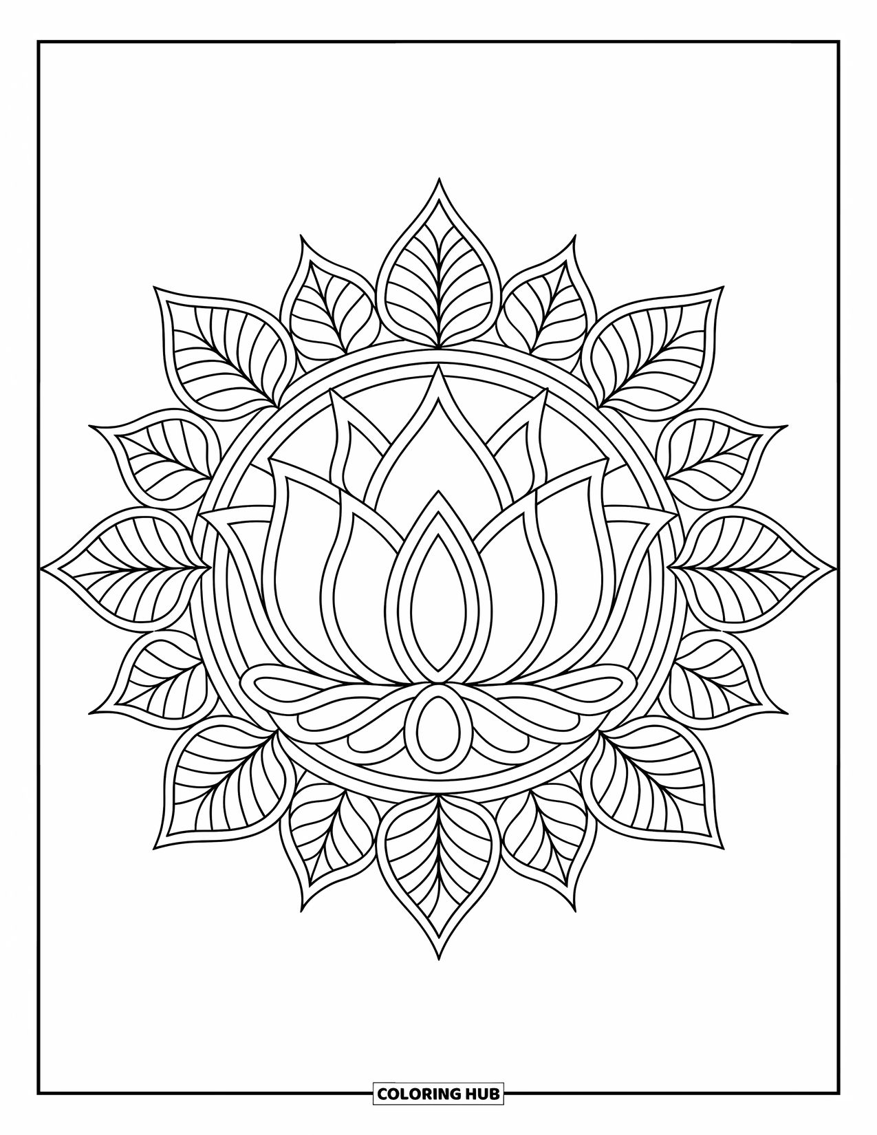 Rangoli Coloring Page for Adults: Central lotus with leafy arms forming a graceful floral rangoli