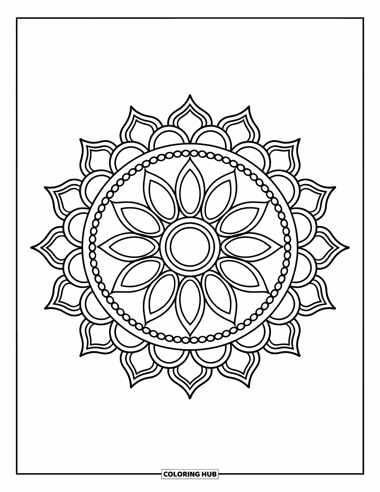 Rangoli Coloring Page for Adults: Circular lotus rangoli with petal layers and dotted edges