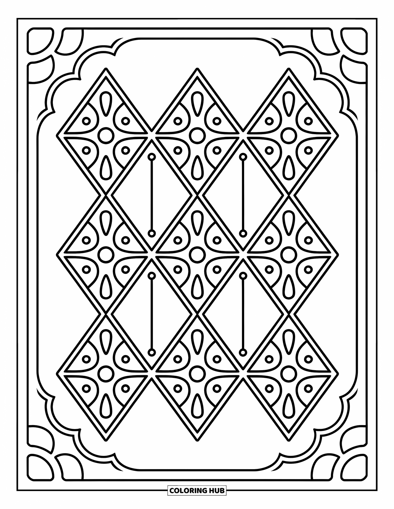 Rangoli Coloring Page for Adults: Diamond grid with circles and triangles inside a rounded border