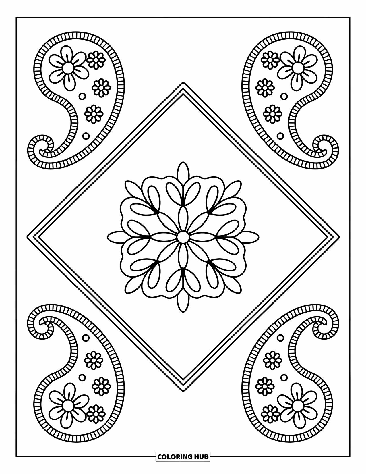 Rangoli Coloring Page for Adults: Diamond rangoli with large paisleys and a floral center mandala