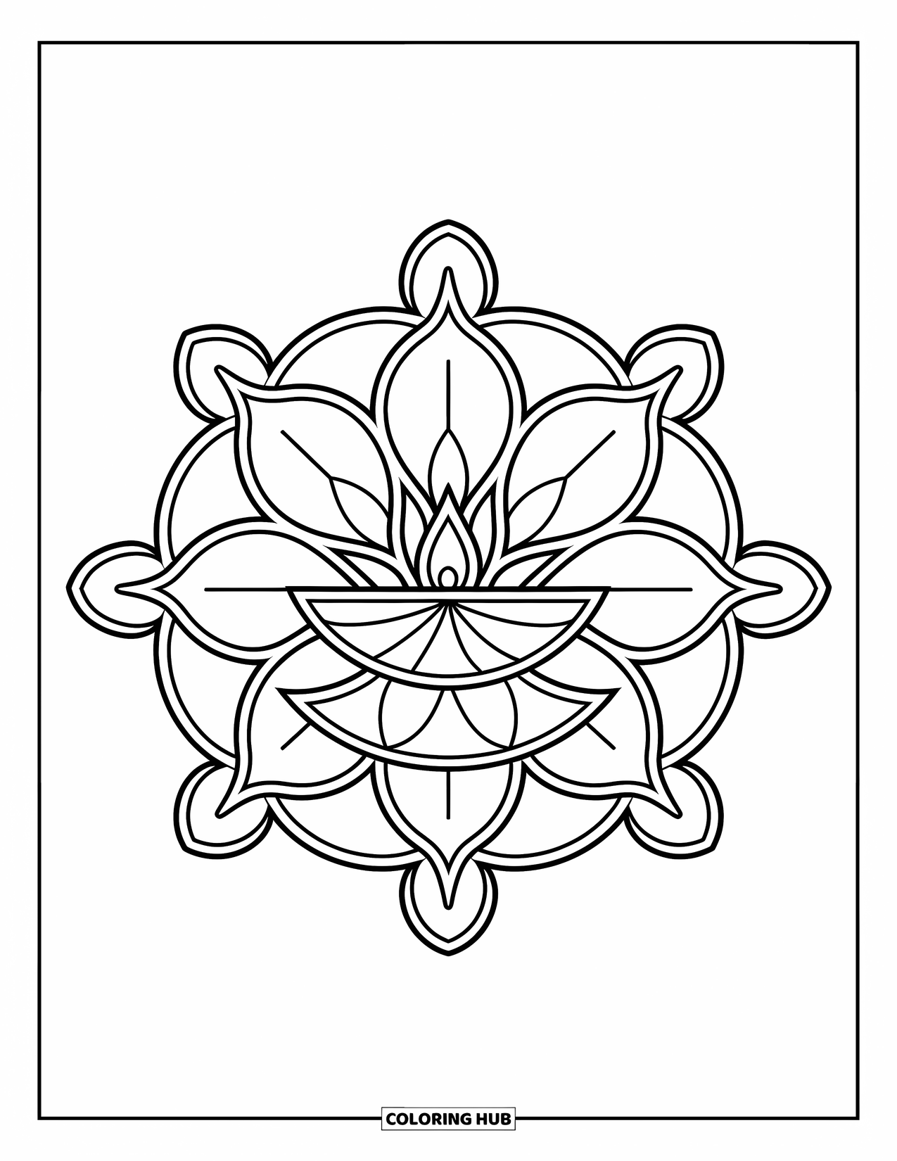 Rangoli Coloring Page for Adults: Diya-centered rangoli with petal rings and swirling corners