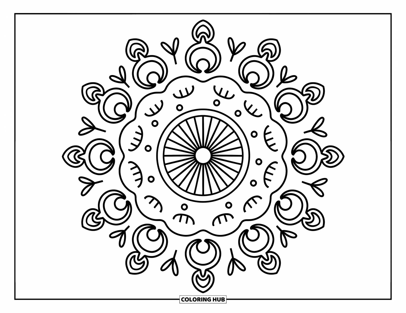 Rangoli Coloring Page for Adults: Festive circular rangoli with diyas, sunburst lines, and leafy arcs