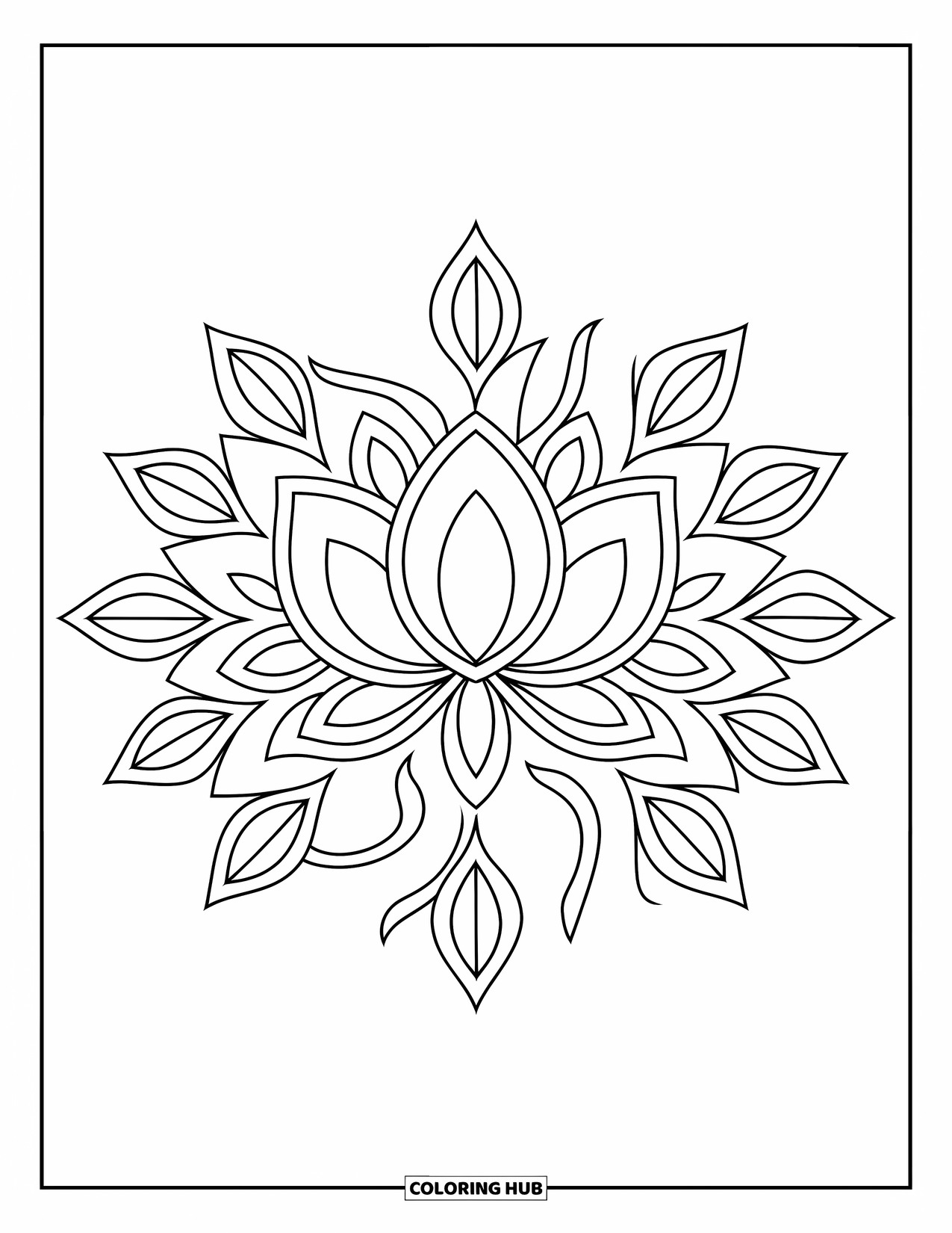 Rangoli Coloring Page for Adults: Floral rangoli with a lotus center and radiating leafy shapes