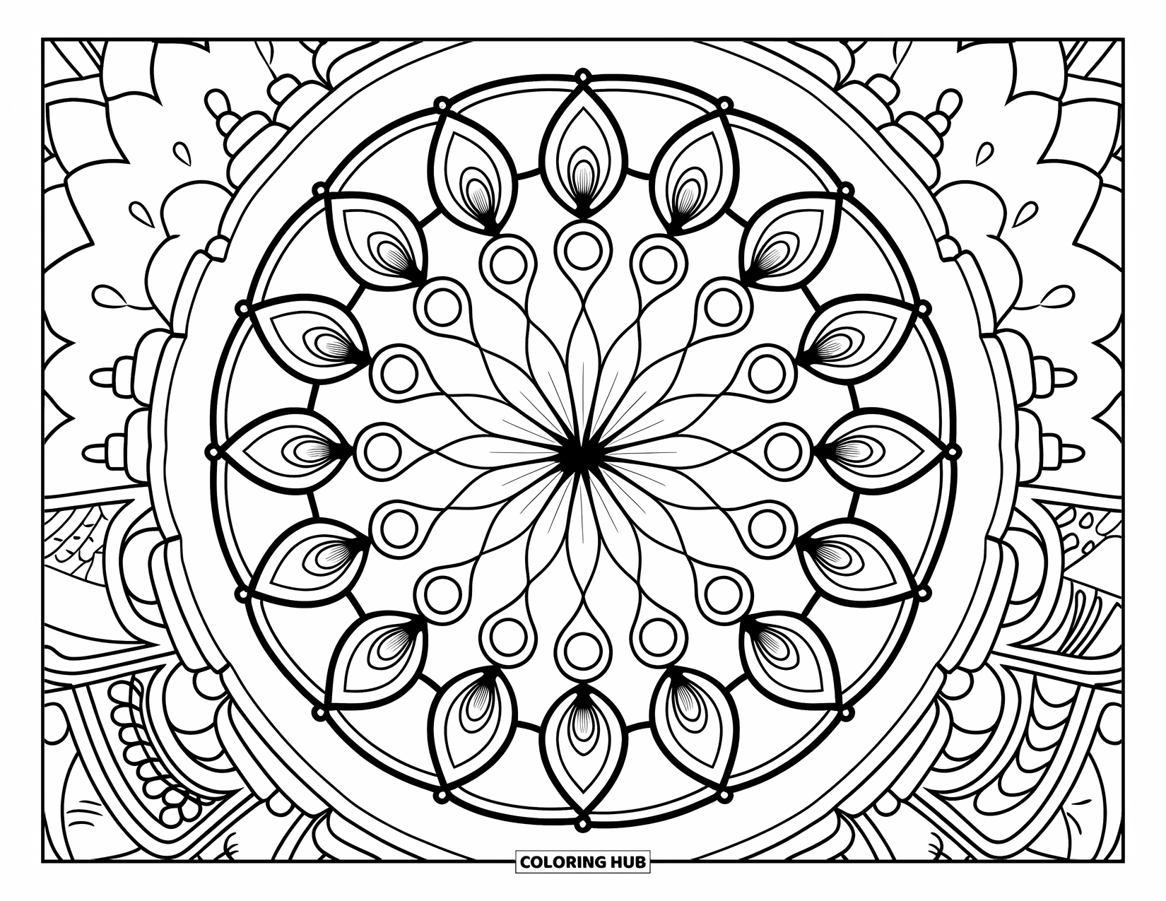Rangoli Coloring Page for Adults: Flower and diya rangoli with detailed decorative patterns