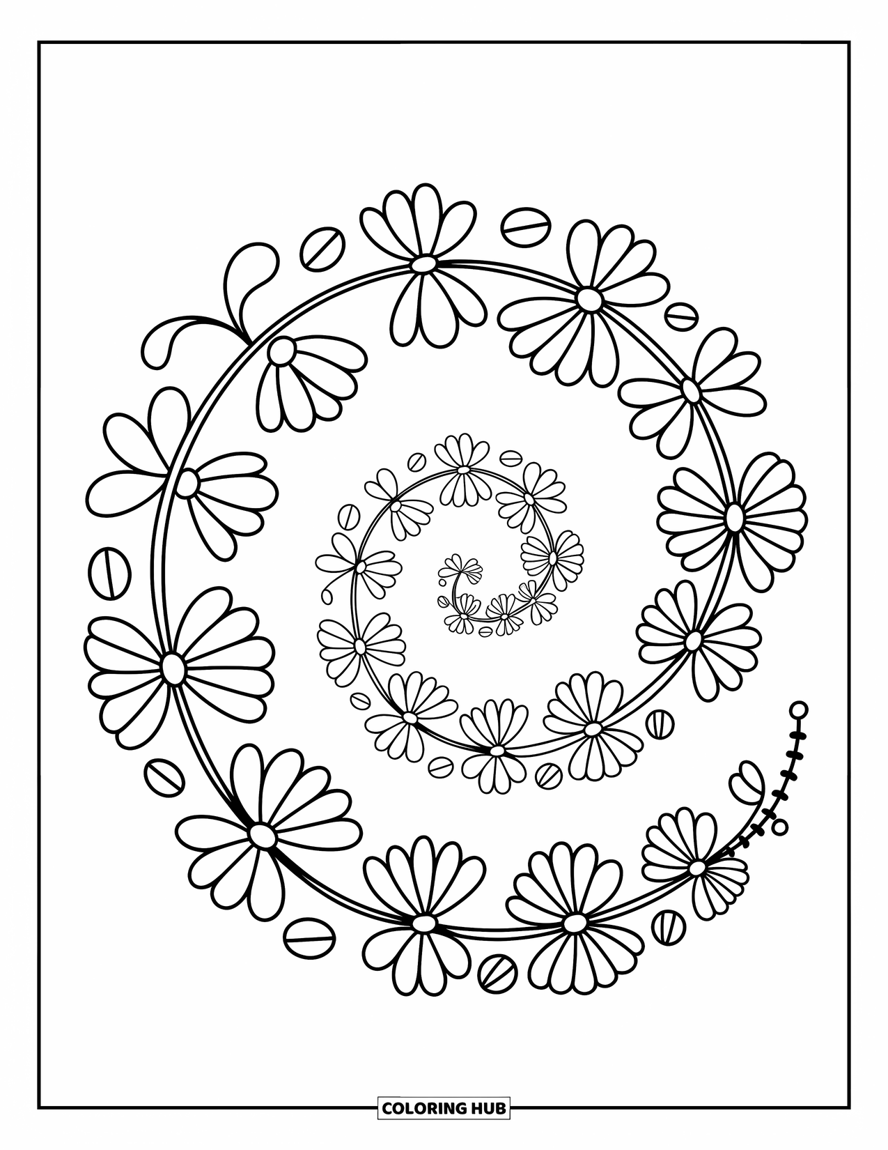 Rangoli Coloring Page for Adults: Flowers of all sizes spiral out in a soft, dotted swirl