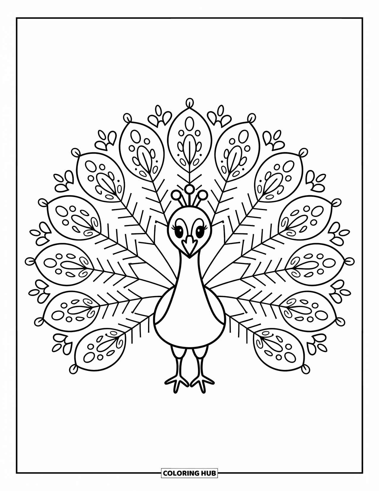 Rangoli Coloring Page for Adults: Front-facing peacock with a semicircle tail of paisley and floral details