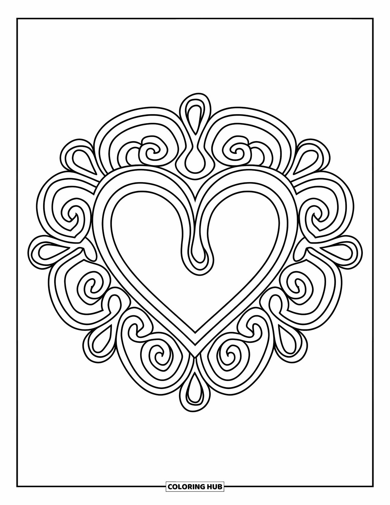 Rangoli Coloring Page for Adults: Heart design with spiral curls and delicate flower accents
