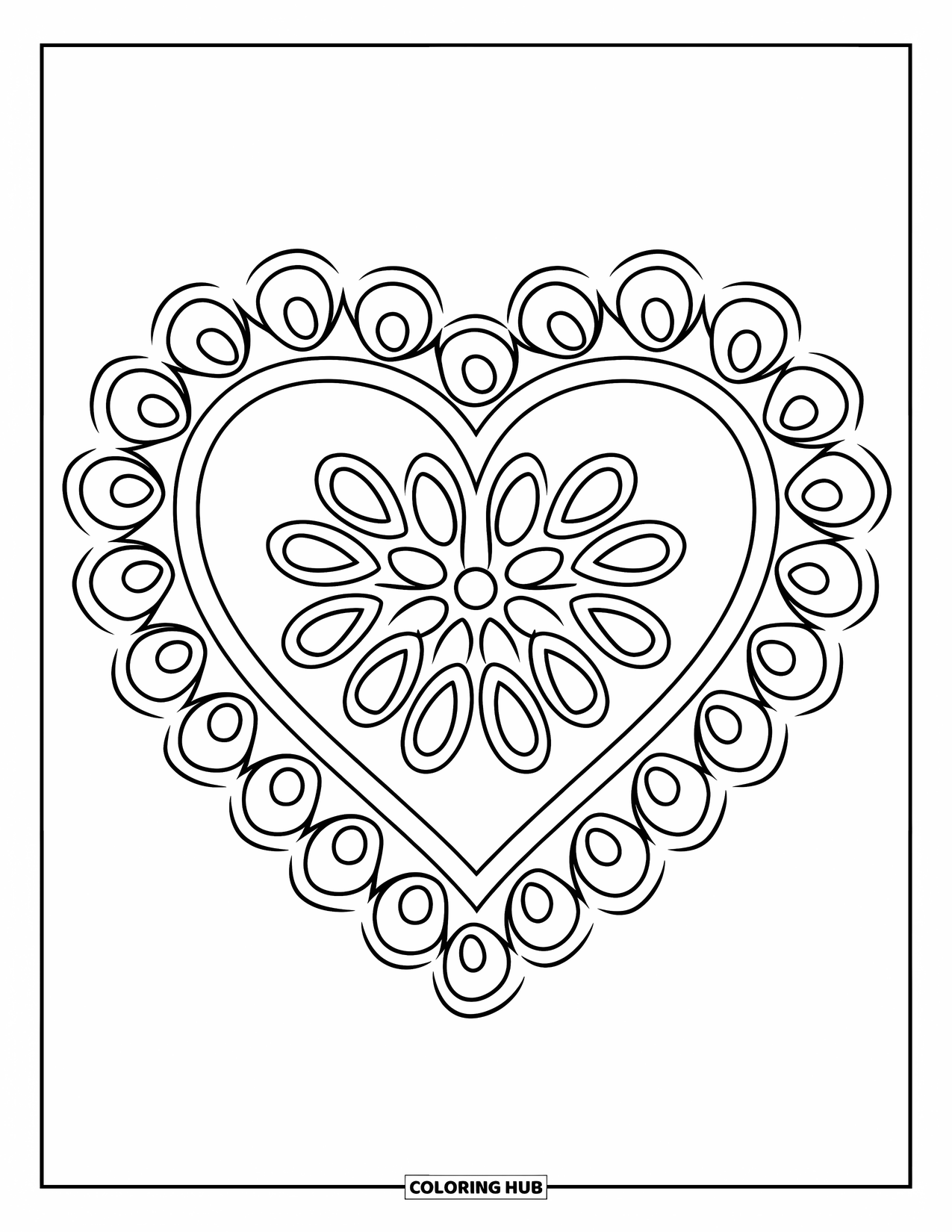 Rangoli Coloring Page for Adults: Heart rangoli with flowing curls and intricate floral patterns