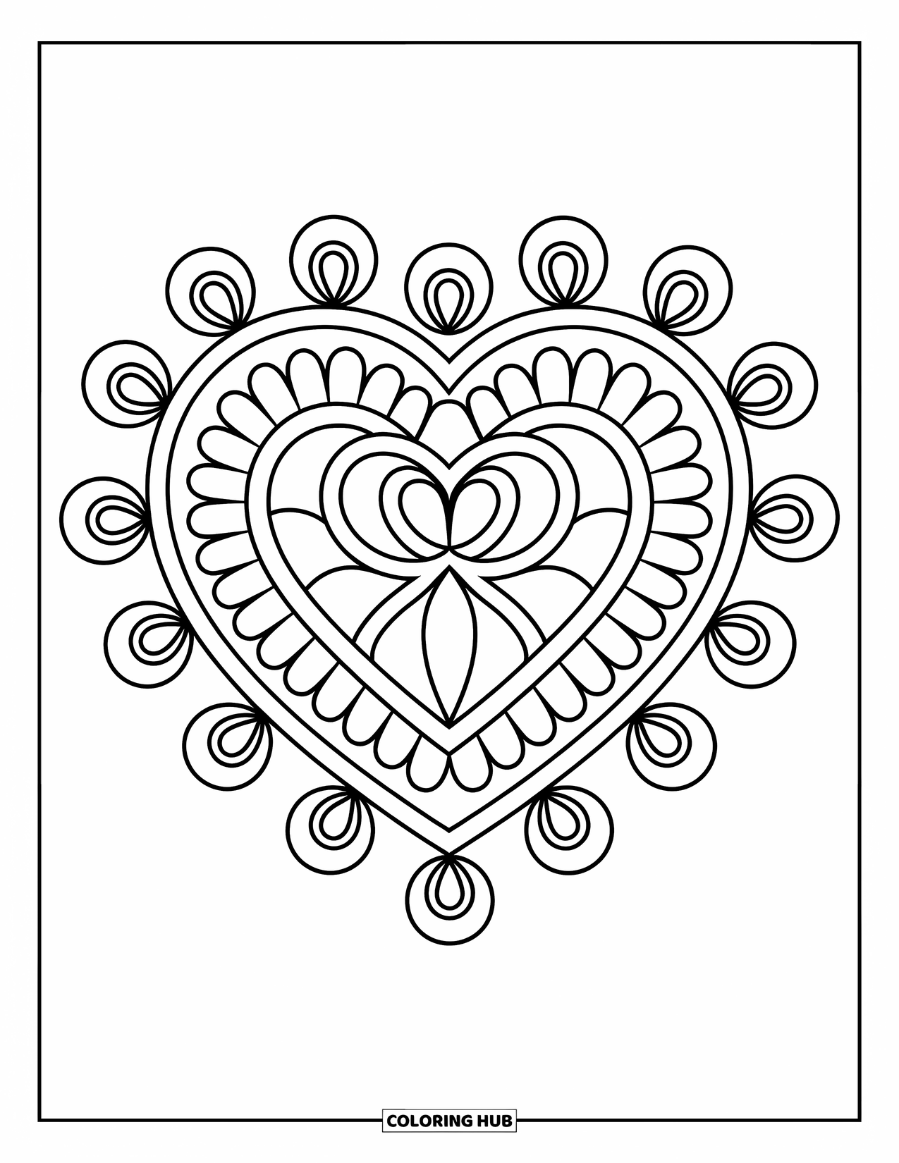 Rangoli Coloring Page for Adults: Heart-shaped rangoli with floral loops and spirals