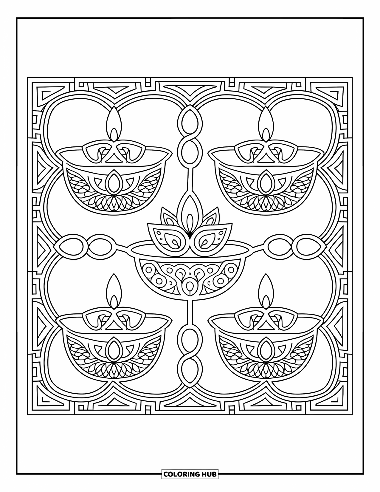 Rangoli Coloring Page for Adults: Intricate diya square with lamps and floral connections