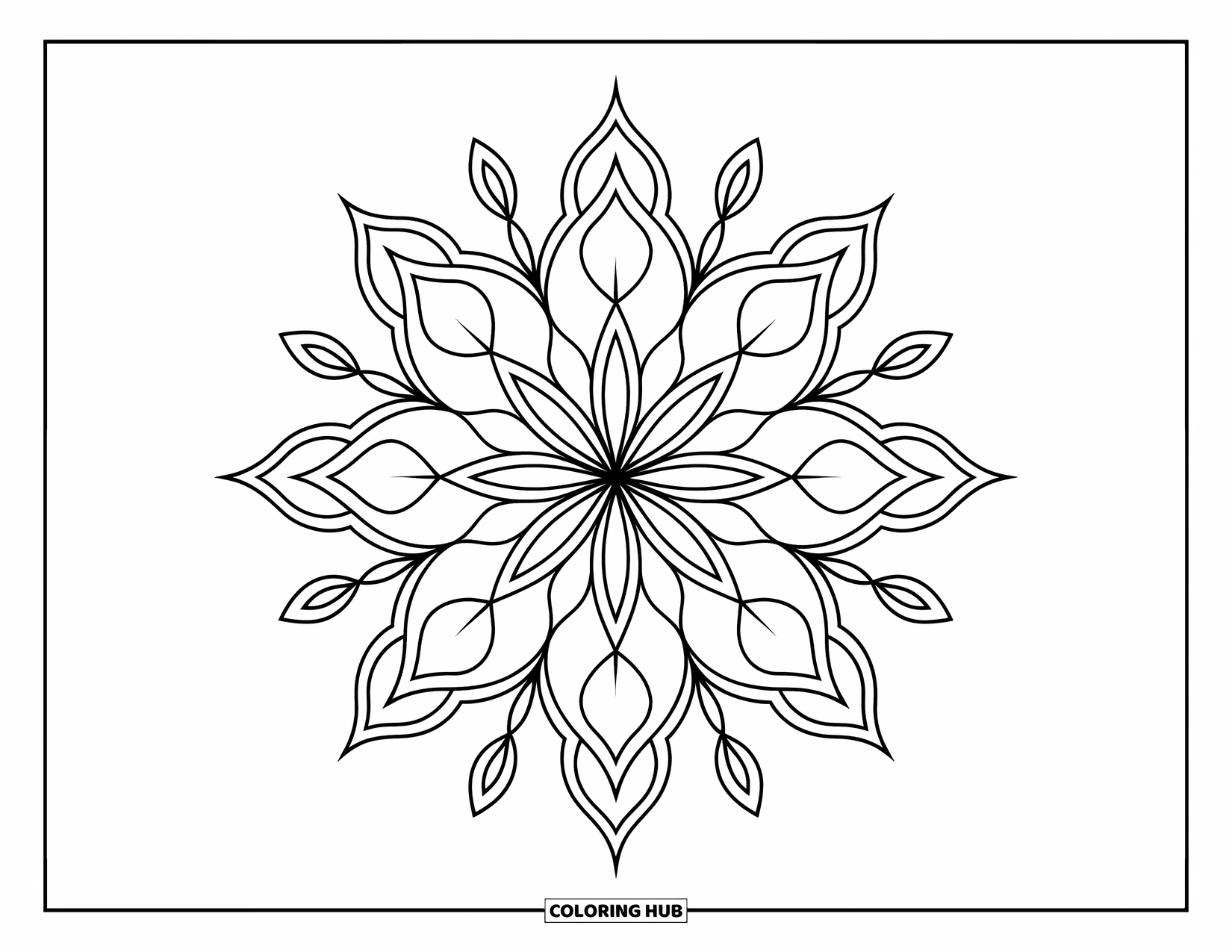 Rangoli Coloring Page for Adults: Intricate starburst rangoli with floral arms and sharp triangles