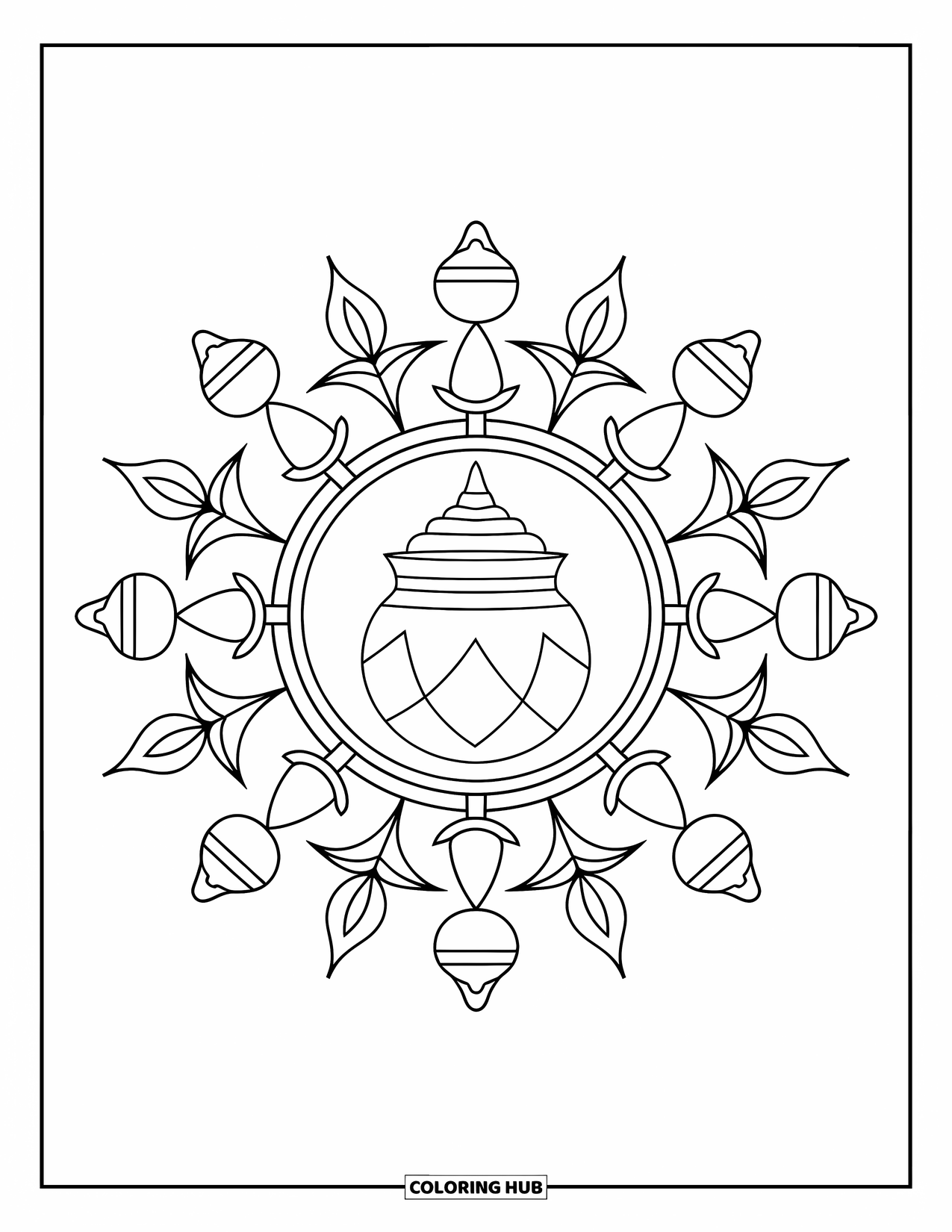 Rangoli Coloring Page for Adults: Kalash centerpiece with symmetrical bell and leaf decorations