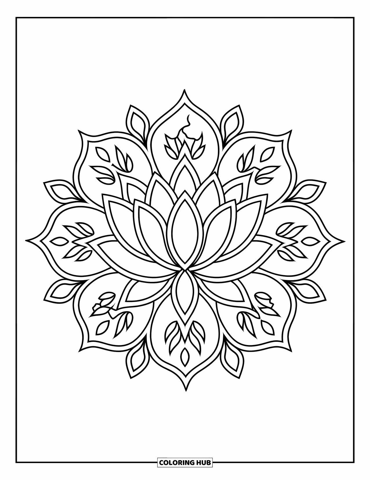 Rangoli Coloring Page for Adults: Large lotus with symmetrical leafy arms in a detailed floral layout