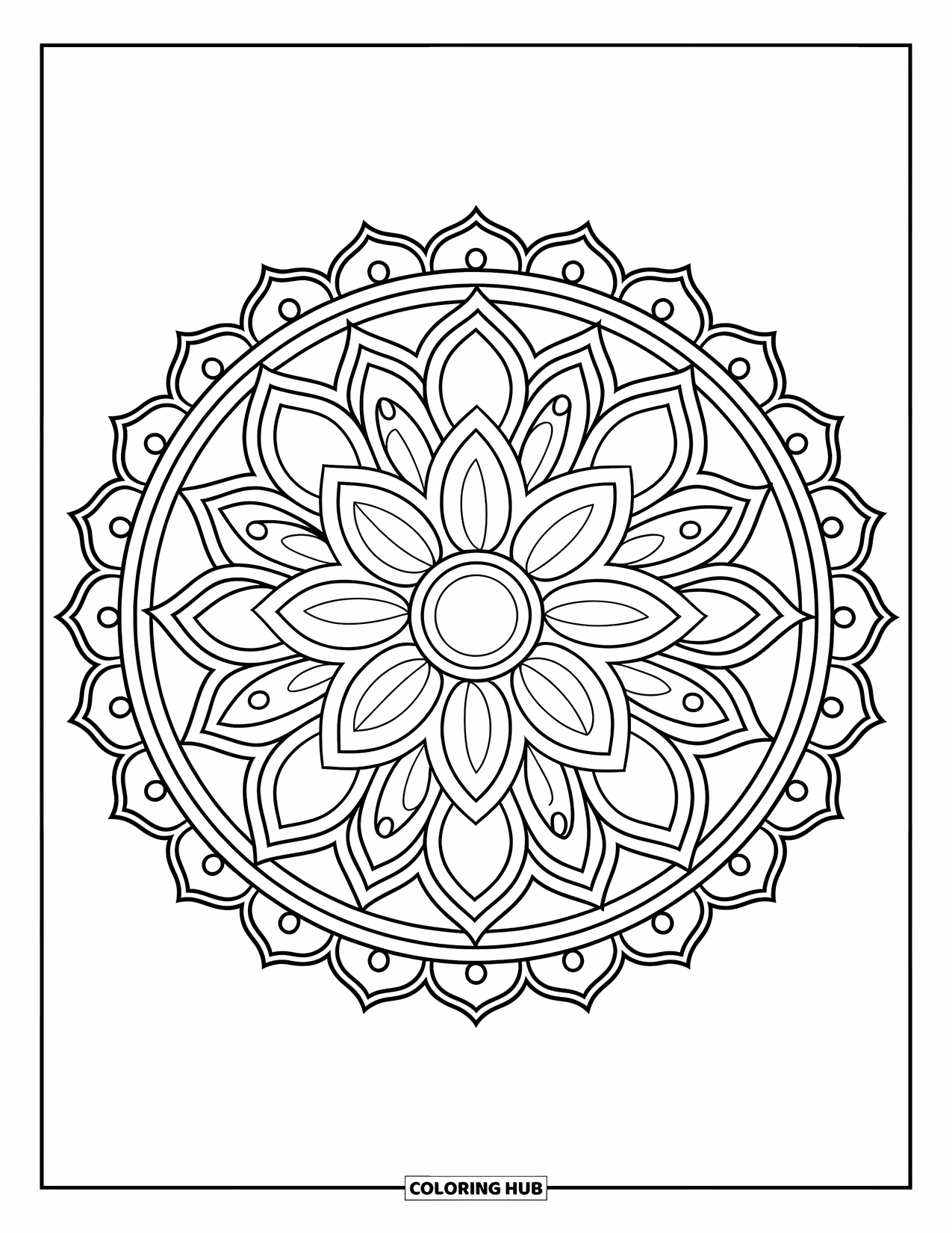 Rangoli Coloring Page for Adults: Layered lotus petals with dotted borders in a classic circle