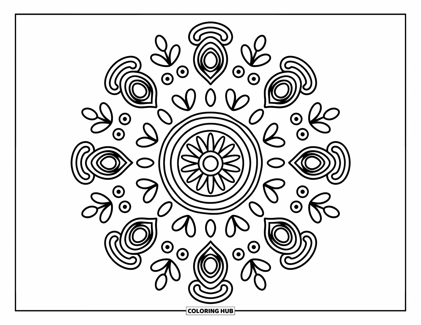 Rangoli Coloring Page for Adults: Layered mandala with diyas, dots, and leaves in a cozy circular layout