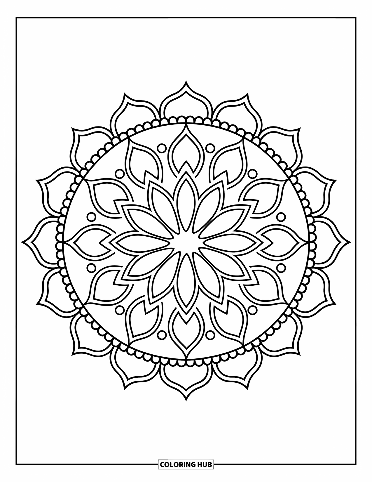 Rangoli Coloring Page for Adults: Lotus mandala with petals and dots in a traditional round design