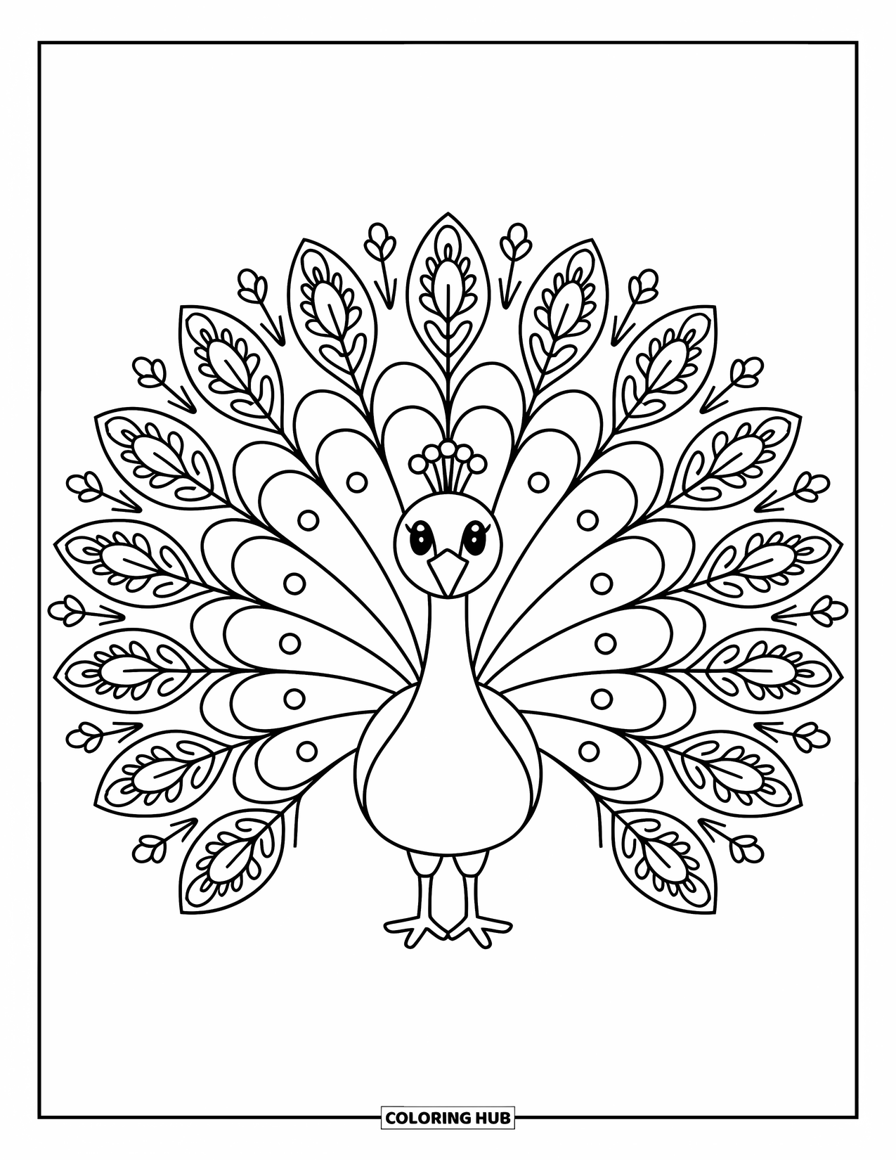 Rangoli Coloring Page for Adults: Mandala peacock with paisley tail feathers and delicate vines