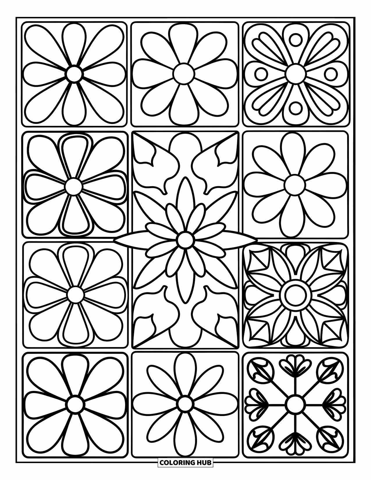 Rangoli Coloring Page for Adults: Nine-square grid filled with fun floral, leaf, and geometric patterns