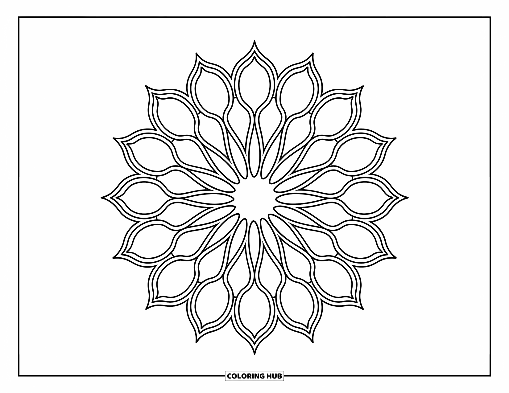 Rangoli Coloring Page for Adults: Petal-shaped rangoli forming a detailed sunflower layout