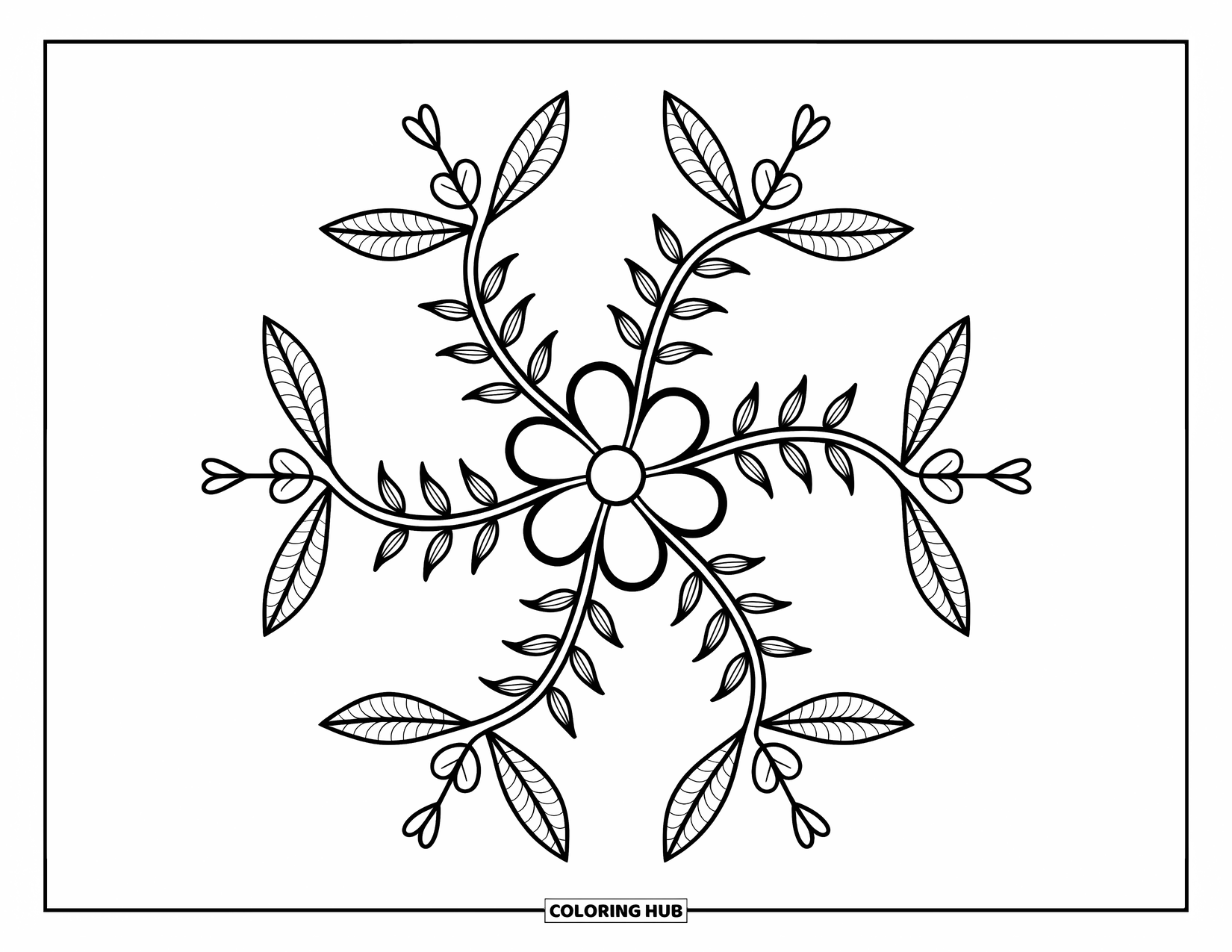 Rangoli Coloring Page for Adults: Pinwheel vines with leaves and buds surround a flower with dotted semicircle frames