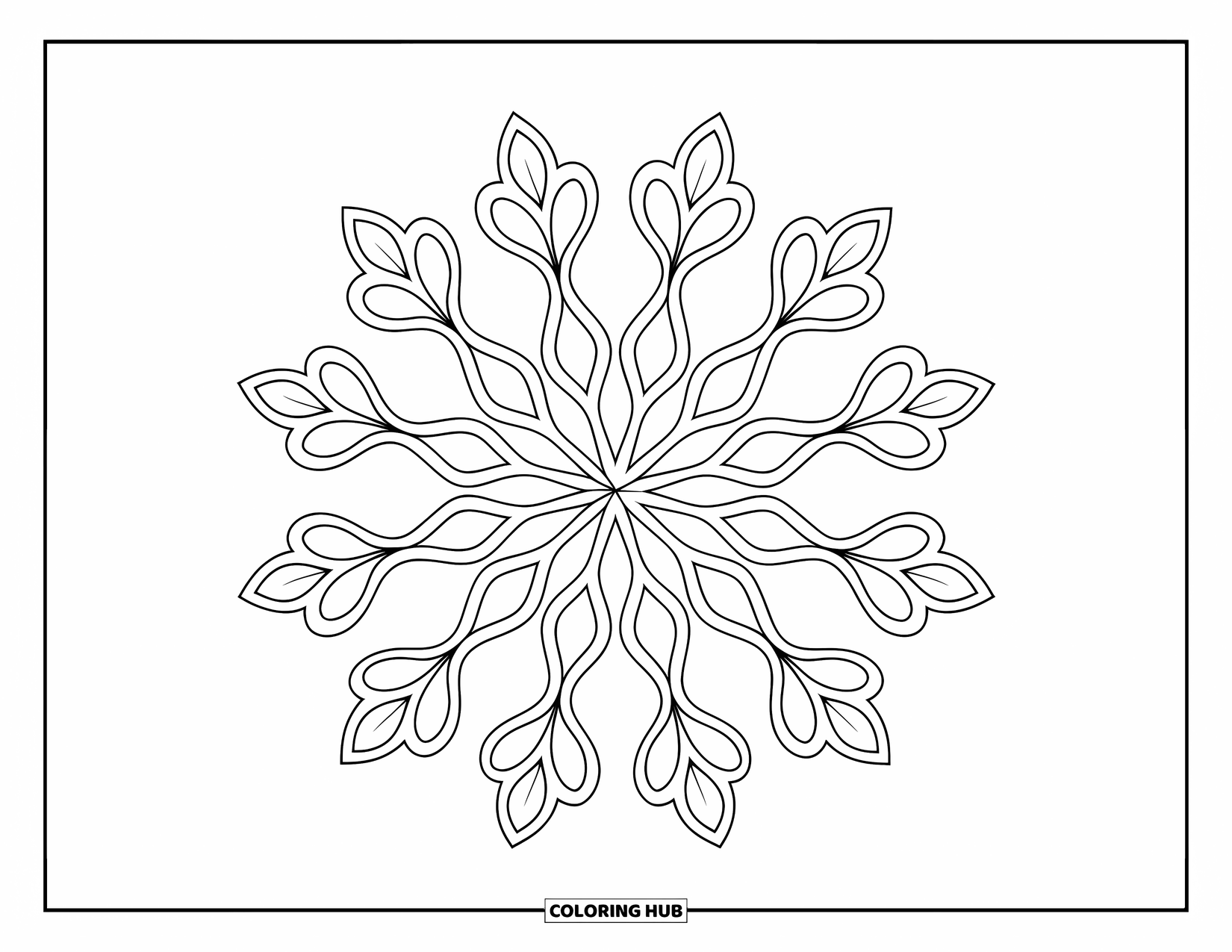 Rangoli Coloring Page for Adults: Pointed triangles and curved arms form a detailed starburst rangoli
