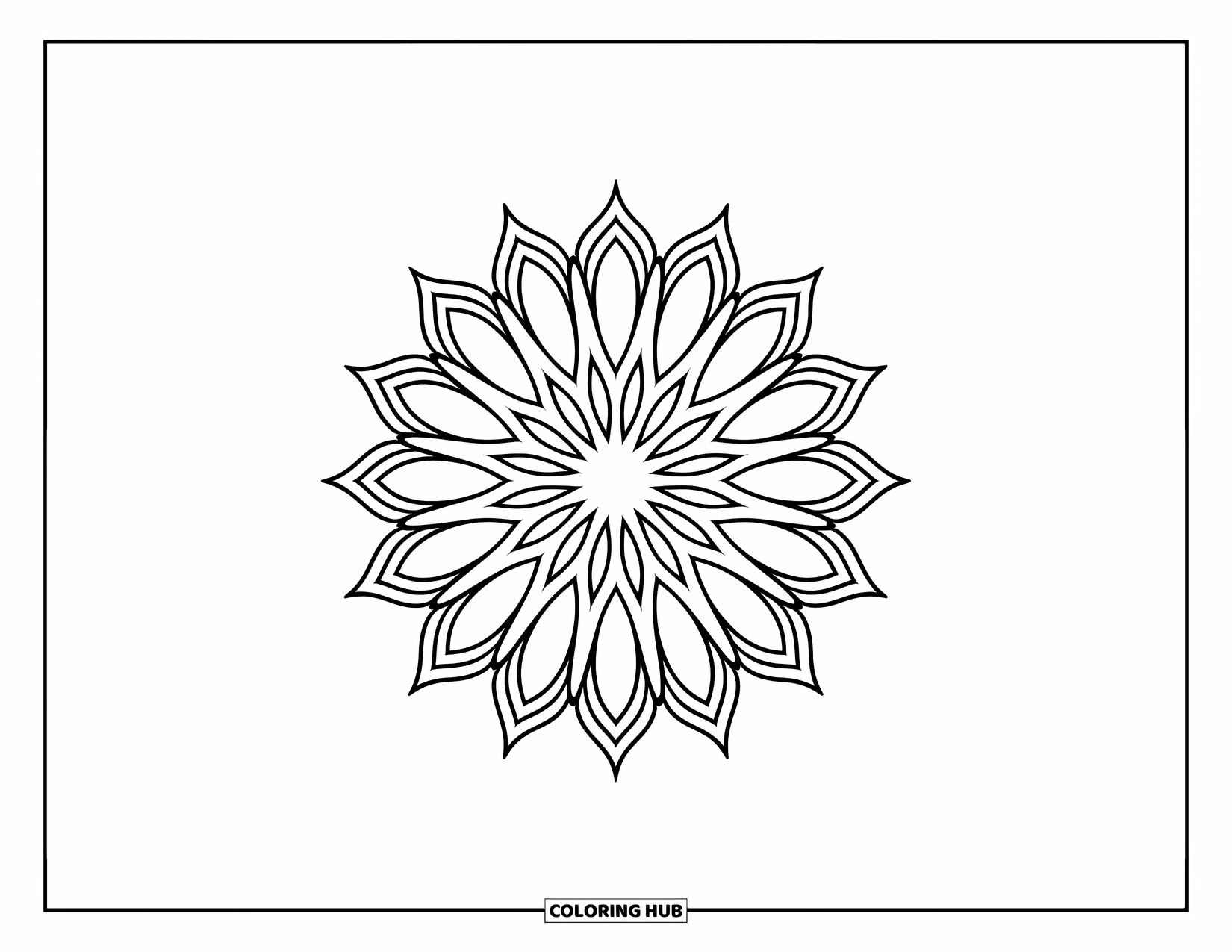 Rangoli Coloring Page for Adults: Radiating petal design in a sunflower-like rangoli